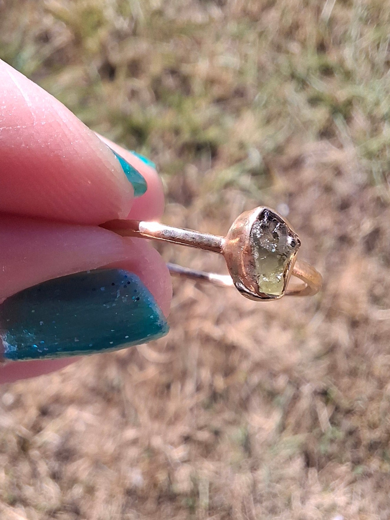 Moldavite Ring, 14K GOLD Plated, size large T, Tektite (Ref: R350)