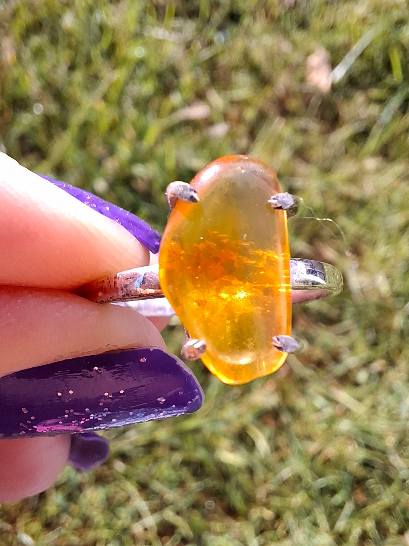 Baltic Amber Ring, size large T, 925 Silver, Fossil (Ref: AR18)