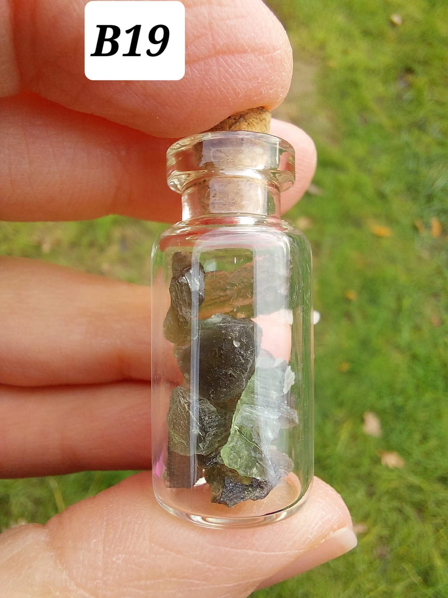 Moldavite chips (2.50g) in 3ml glass Bottle, Tektite (Ref: B19)