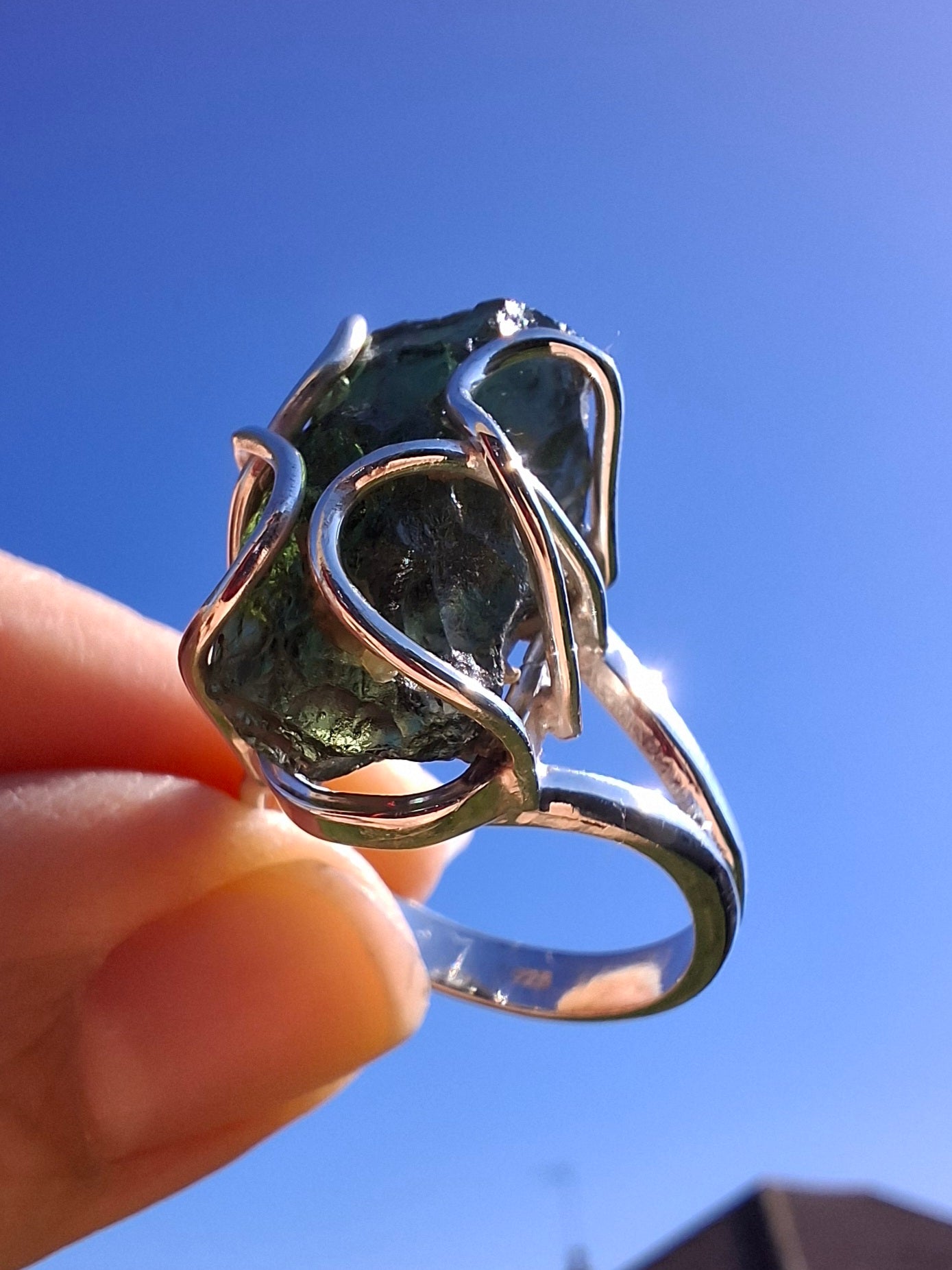 Moldavite Ring, size O, 925 Silver, Tektite (Ref: R9)