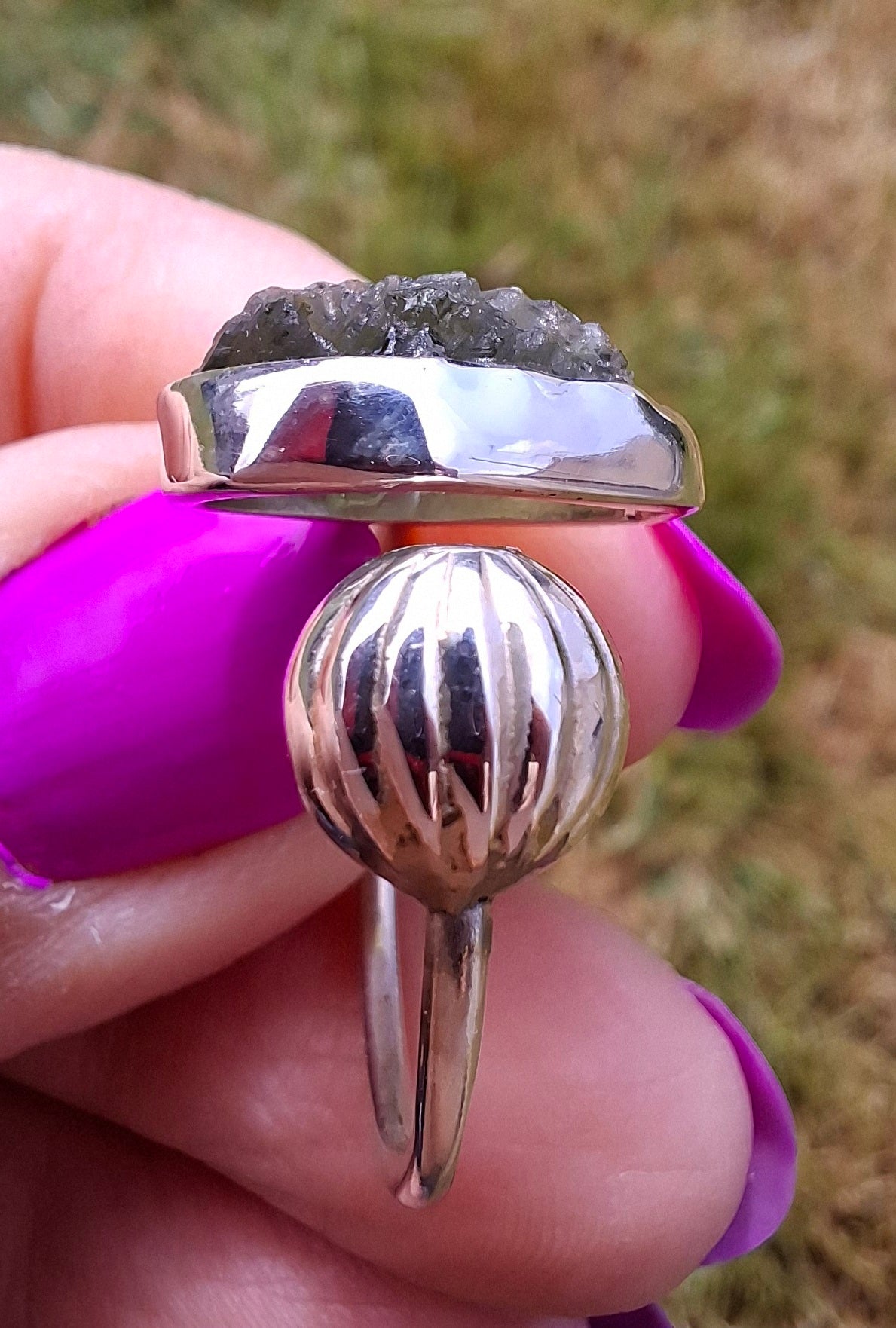 Moldavite ADJUSTABLE Ring, size large R, 925 Silver, Tektite (Ref: AR49)