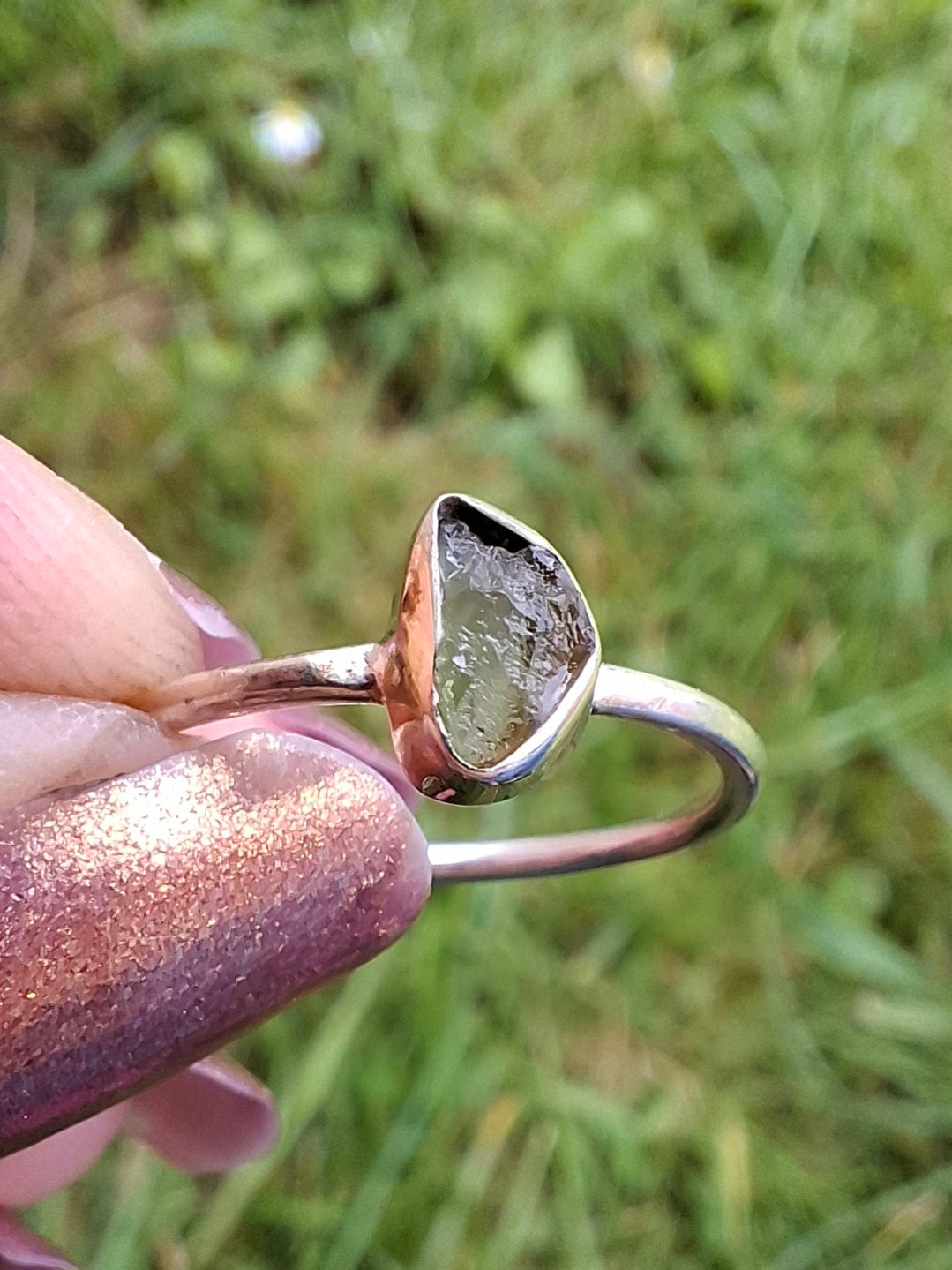 Moldavite Ring, size large L, 925 Silver, Tektite (Ref: R49)