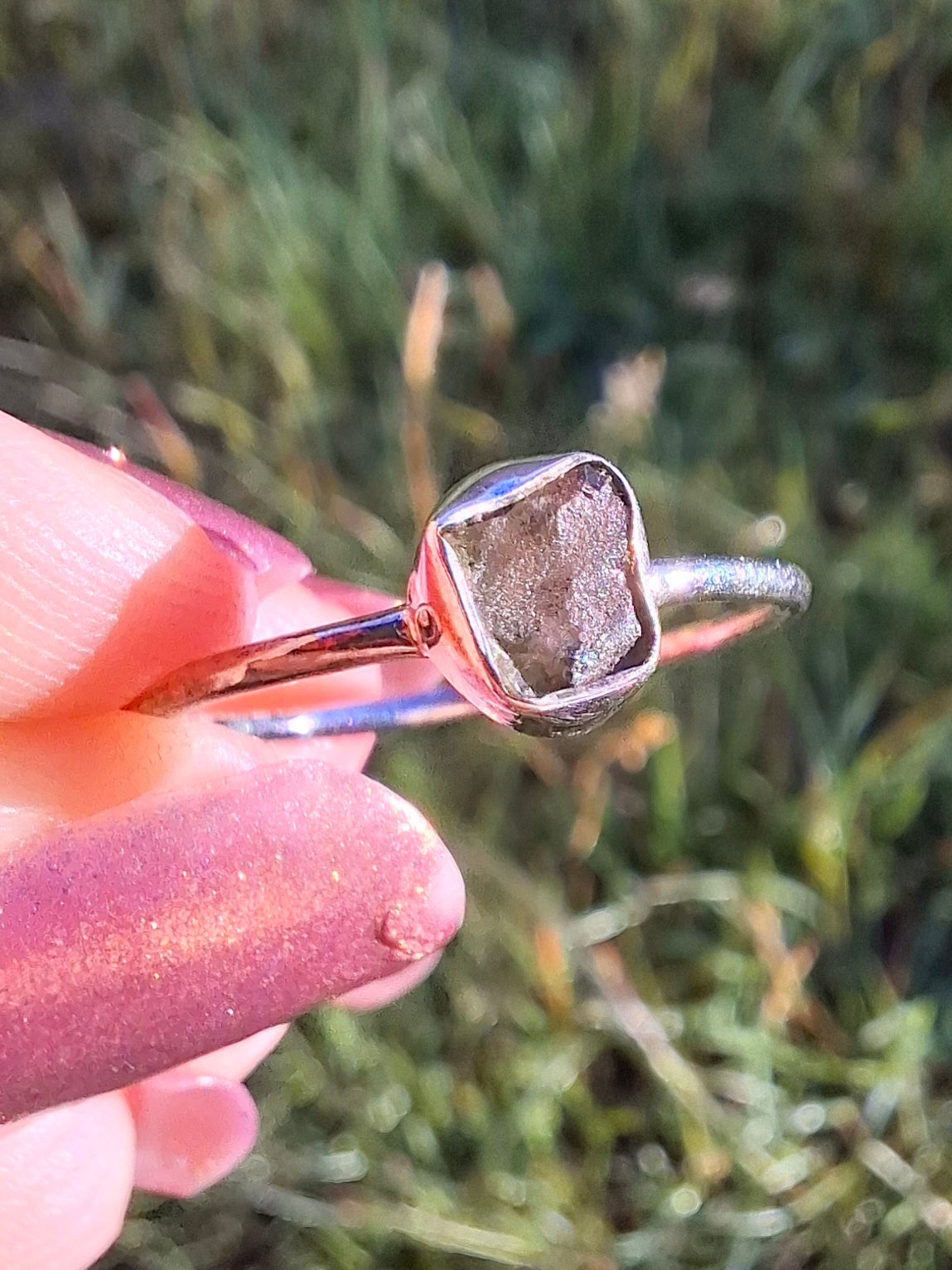 Moldavite Ring, size small Q, 925 Silver, Tektite (Ref: R44)