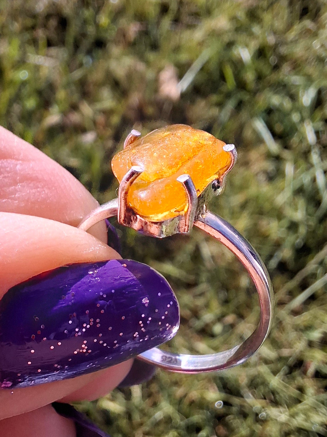 Baltic Amber Ring, size large R, 925 Silver, Fossil (Ref: AR15)