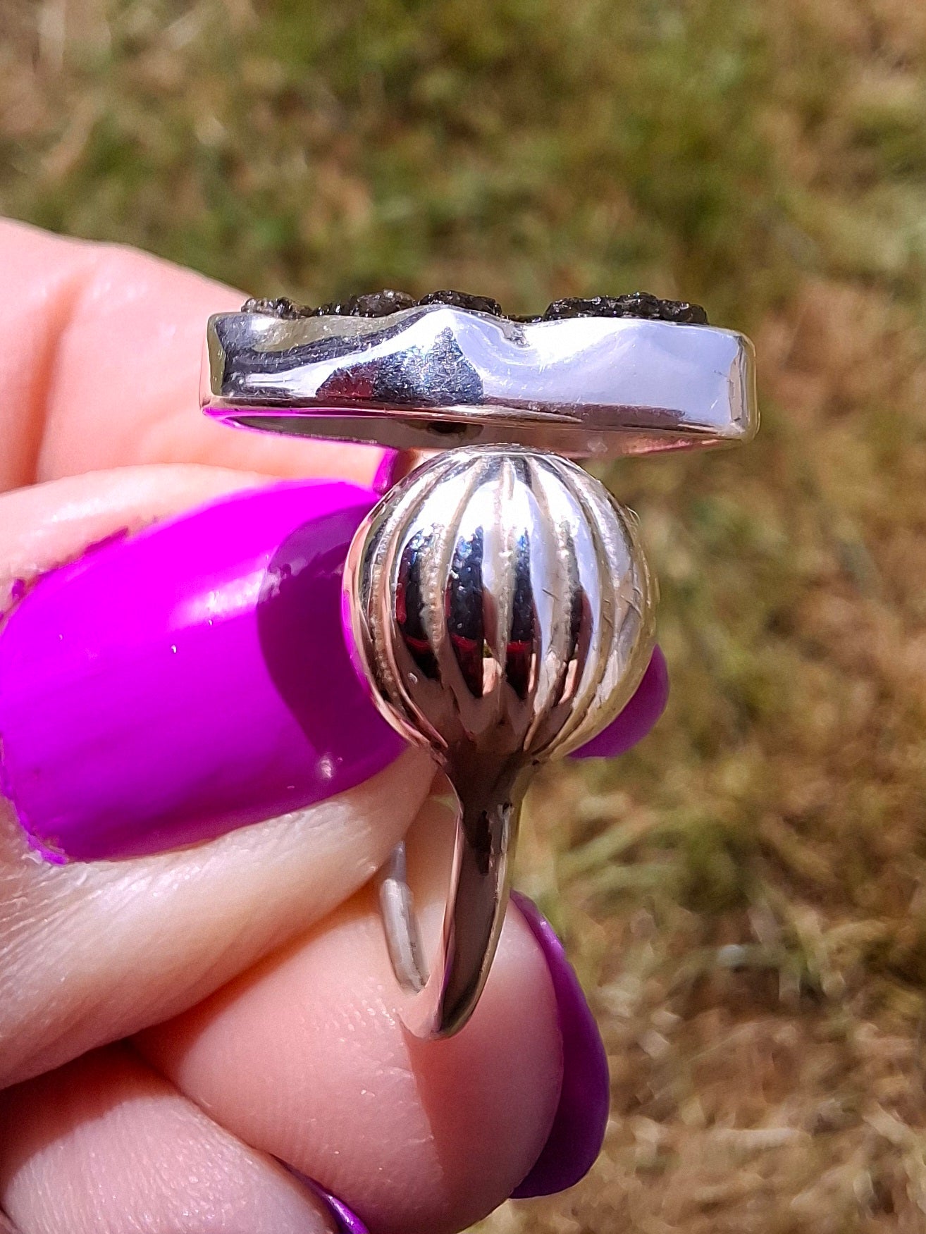 Moldavite ADJUSTABLE Ring, size large O, 925 Silver, Tektite (Ref: AR44)