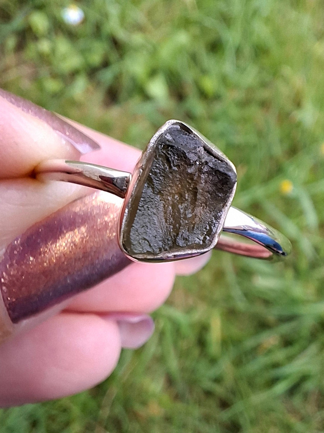 Moldavite Ring, size small W, 925 Silver, Tektite (Ref: R59)