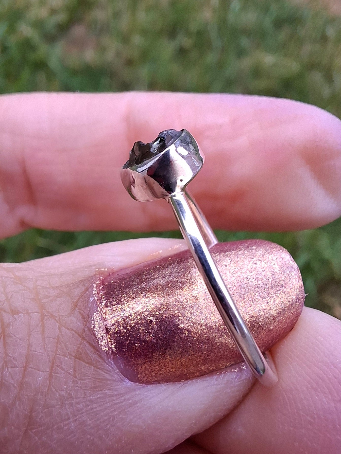 Moldavite Ring, Size small L, 925 Silver, Tektite (Ref: R34)