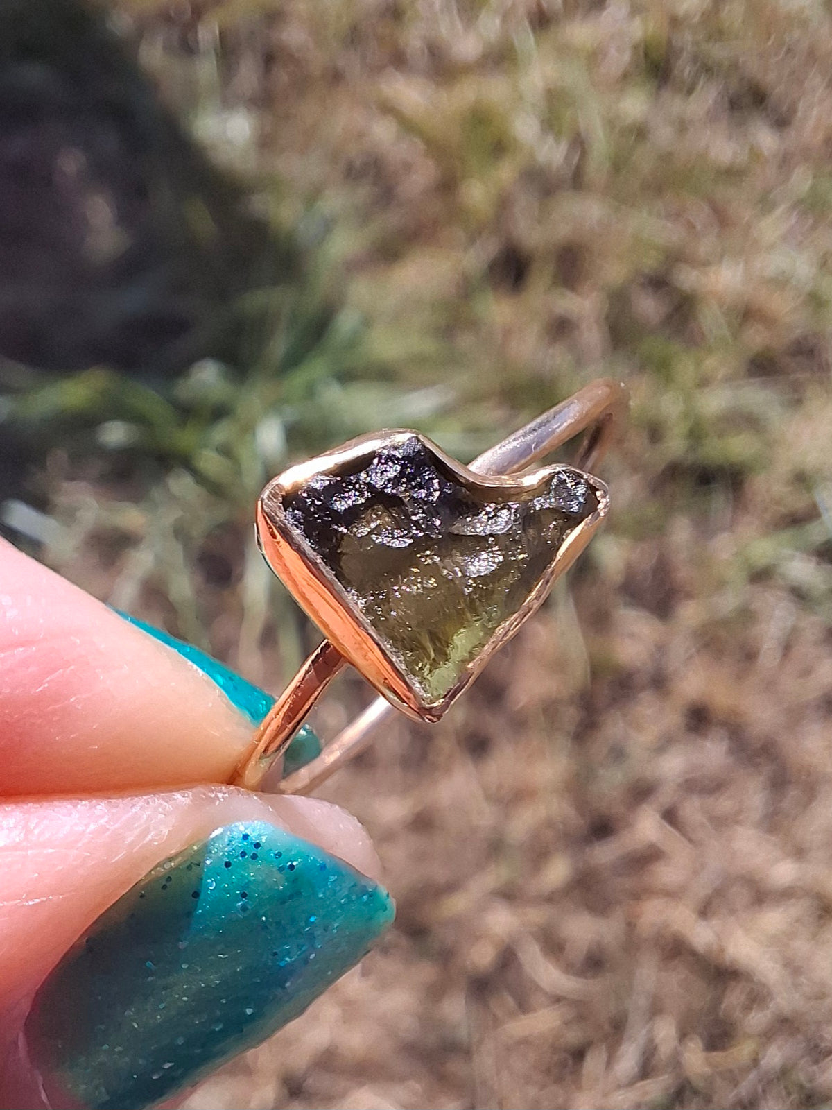 Moldavite Ring, 14K GOLD Plated, size large U, Tektite (Ref: R351)