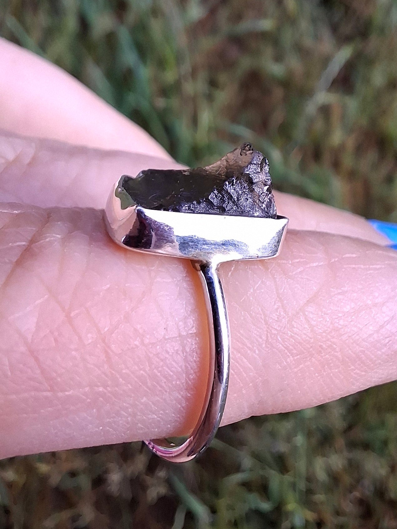 Moldavite Ring, size large J, 925 Silver, Tektite (Ref: R20)