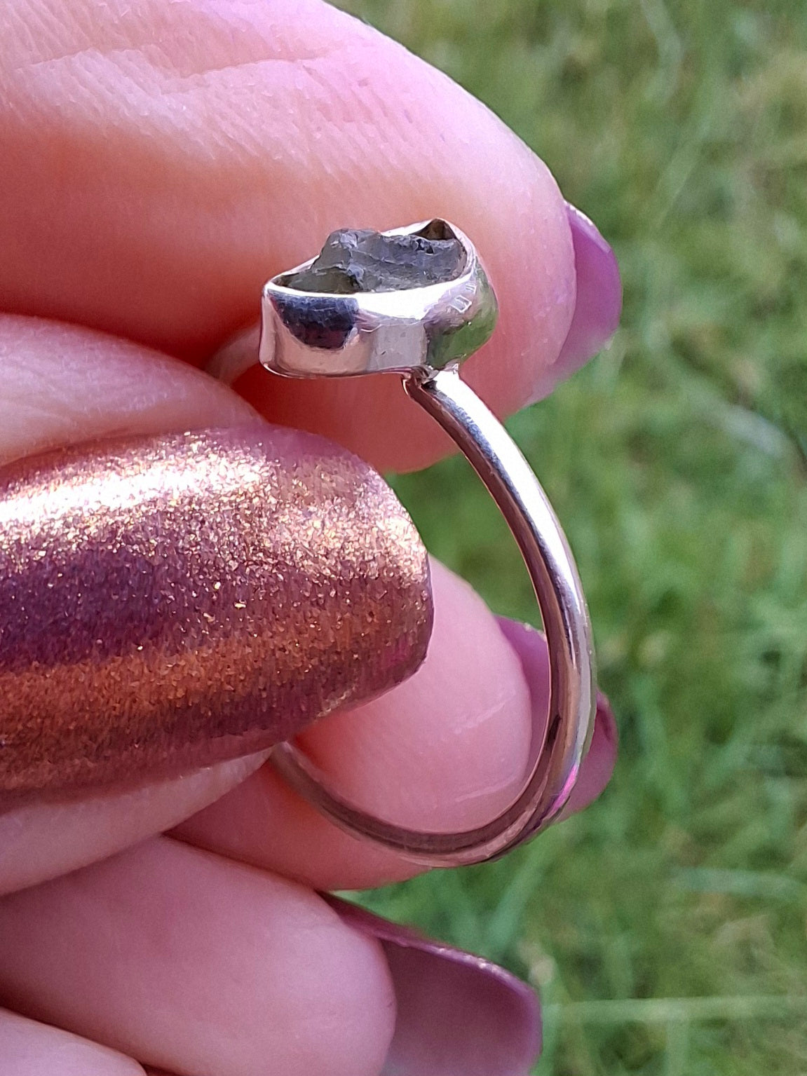 Moldavite Ring, size small L, 925 Silver, Tektite (Ref: R35)