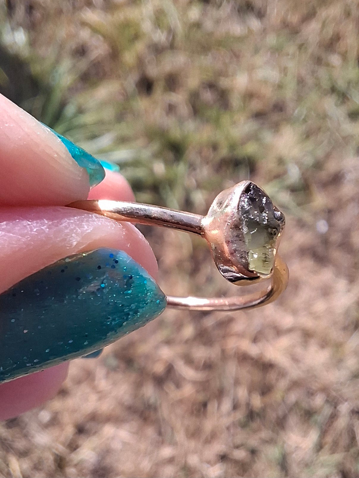Moldavite Ring, 14K GOLD Plated, size large T, Tektite (Ref: R350)