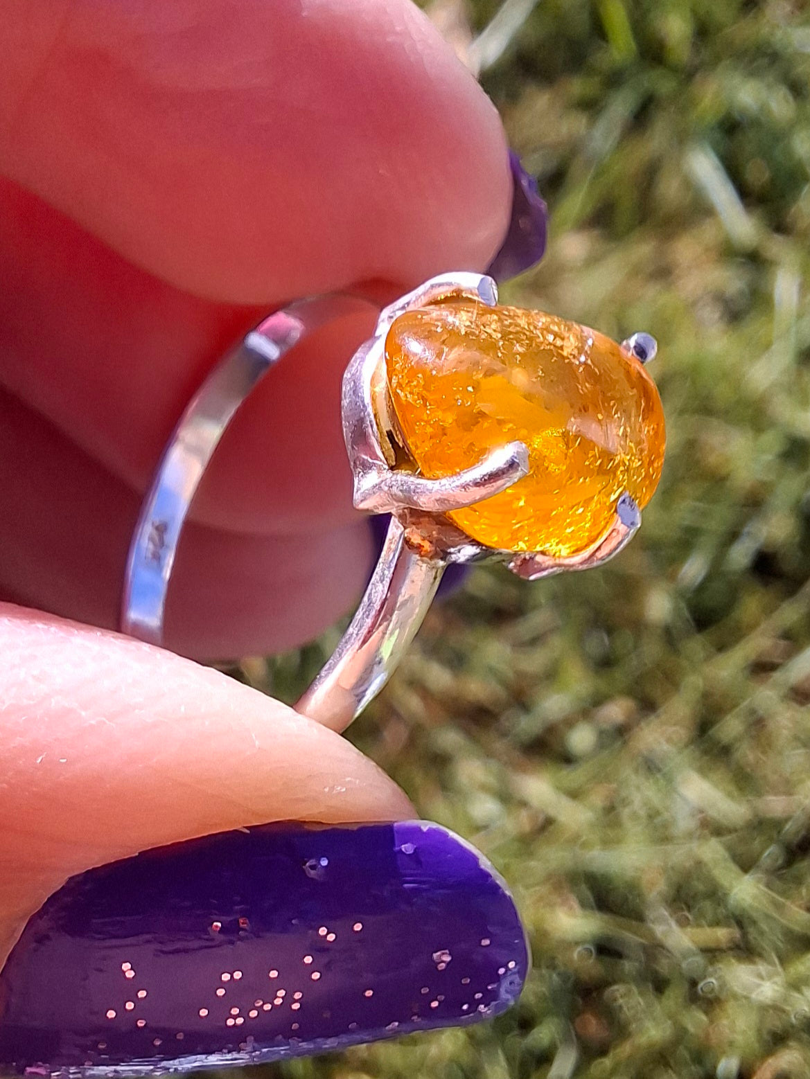 Baltic Amber Ring, size large O, 925 Silver, Fossil (Ref: AR12)