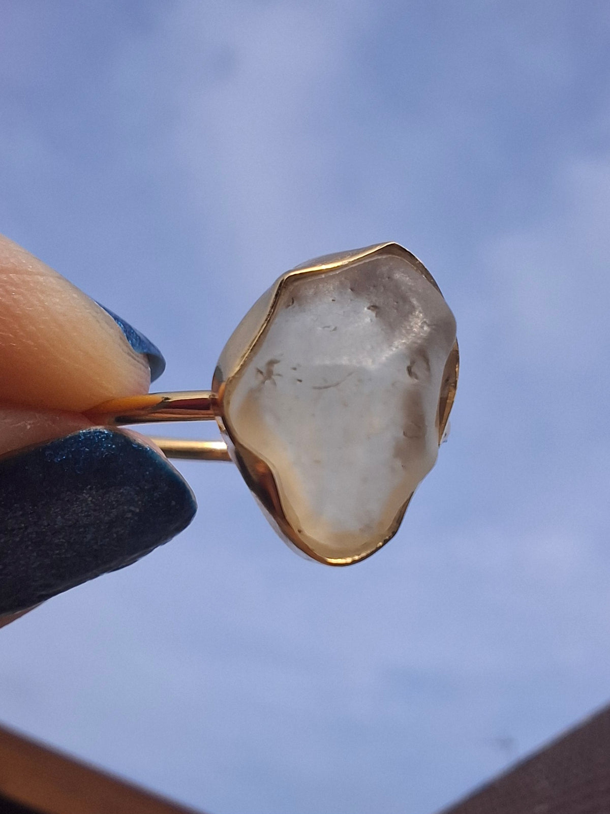 Libyan Desert Glass Ring, 14K GOLD Plated, size large P/small Q, Tektite (Ref: LR73)