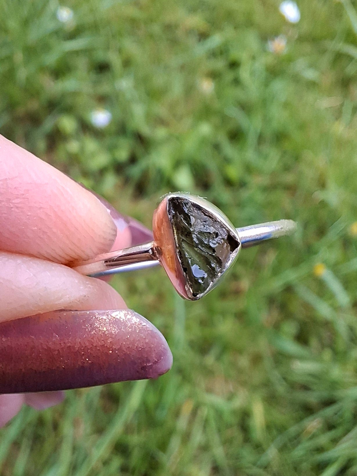 Moldavite Ring, size large R/small S, 925 Silver, Tektite (Ref: R53)