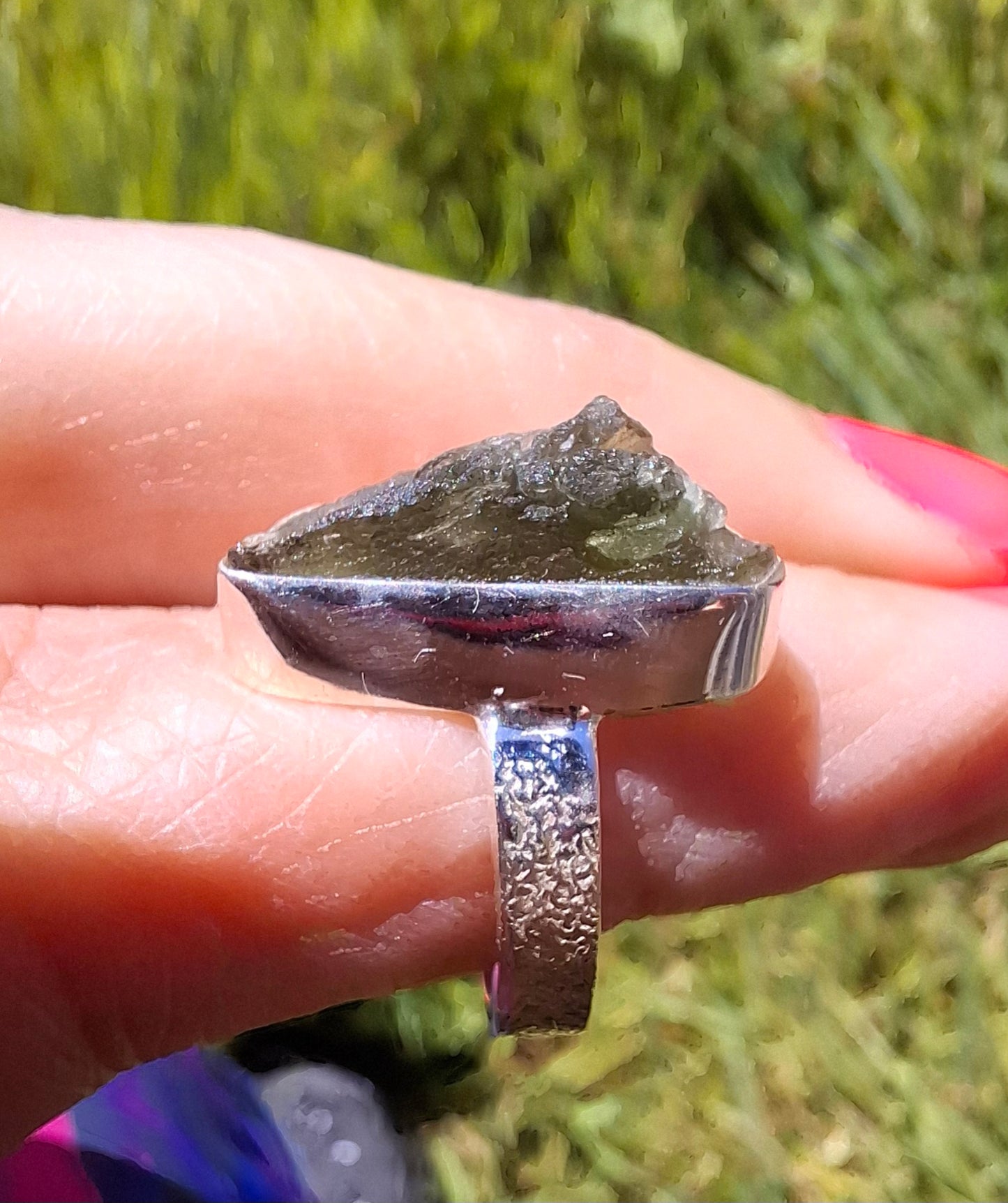Moldavite Ring, size small K, 925 Silver, Tektite (Ref: R299)
