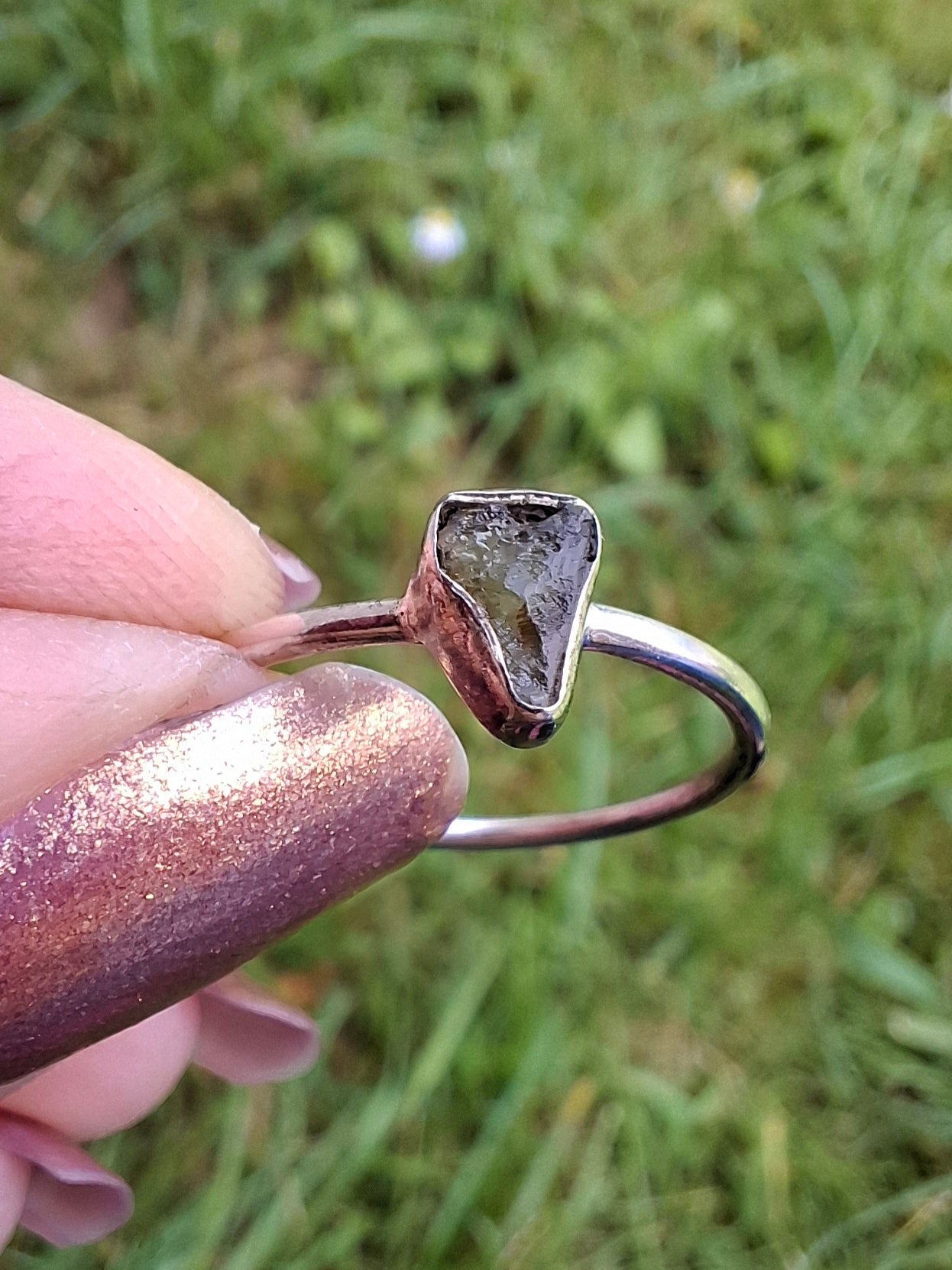 Moldavite Ring, size Q, 925 Silver, Tektite (Ref: R46)