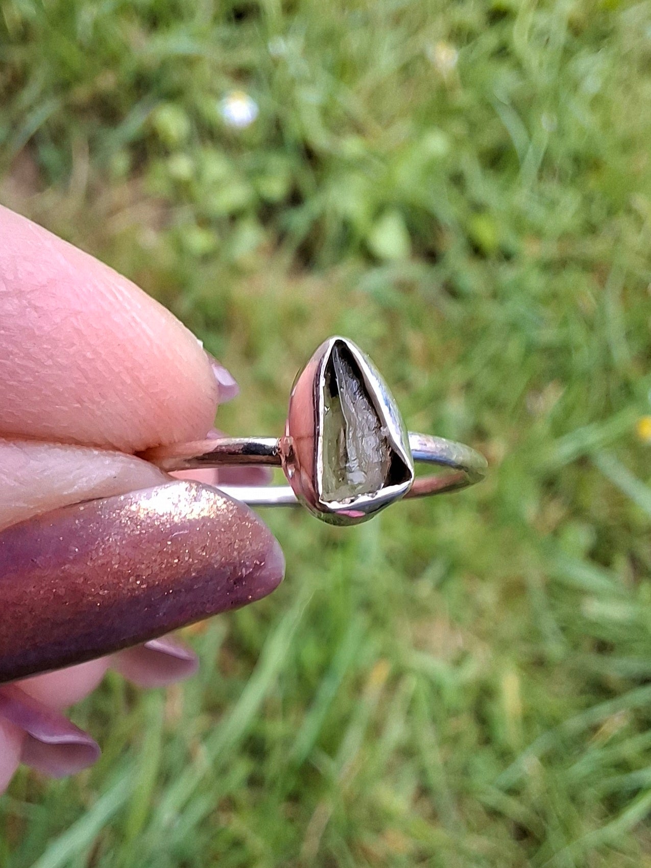Moldavite Ring, size small L, 925 Silver, Tektite (Ref: R62)