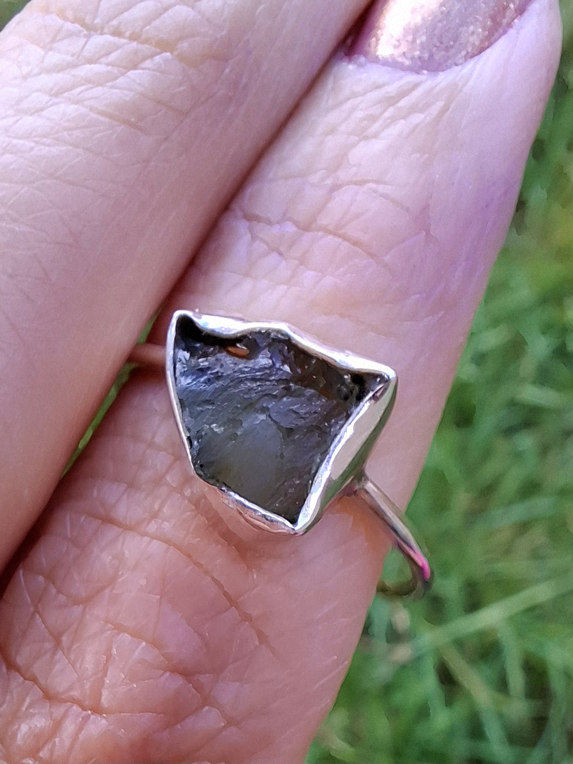 Moldavite Ring, size large T, 925 Silver, Tektite (Ref: R28)