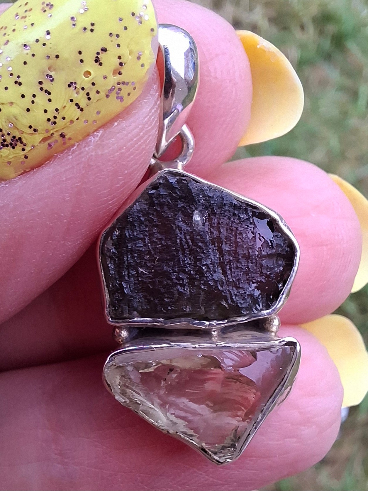 Moldavite & Libyan Desert Glass Pendant, 925 Silver, Tektite (Ref: MLP3)
