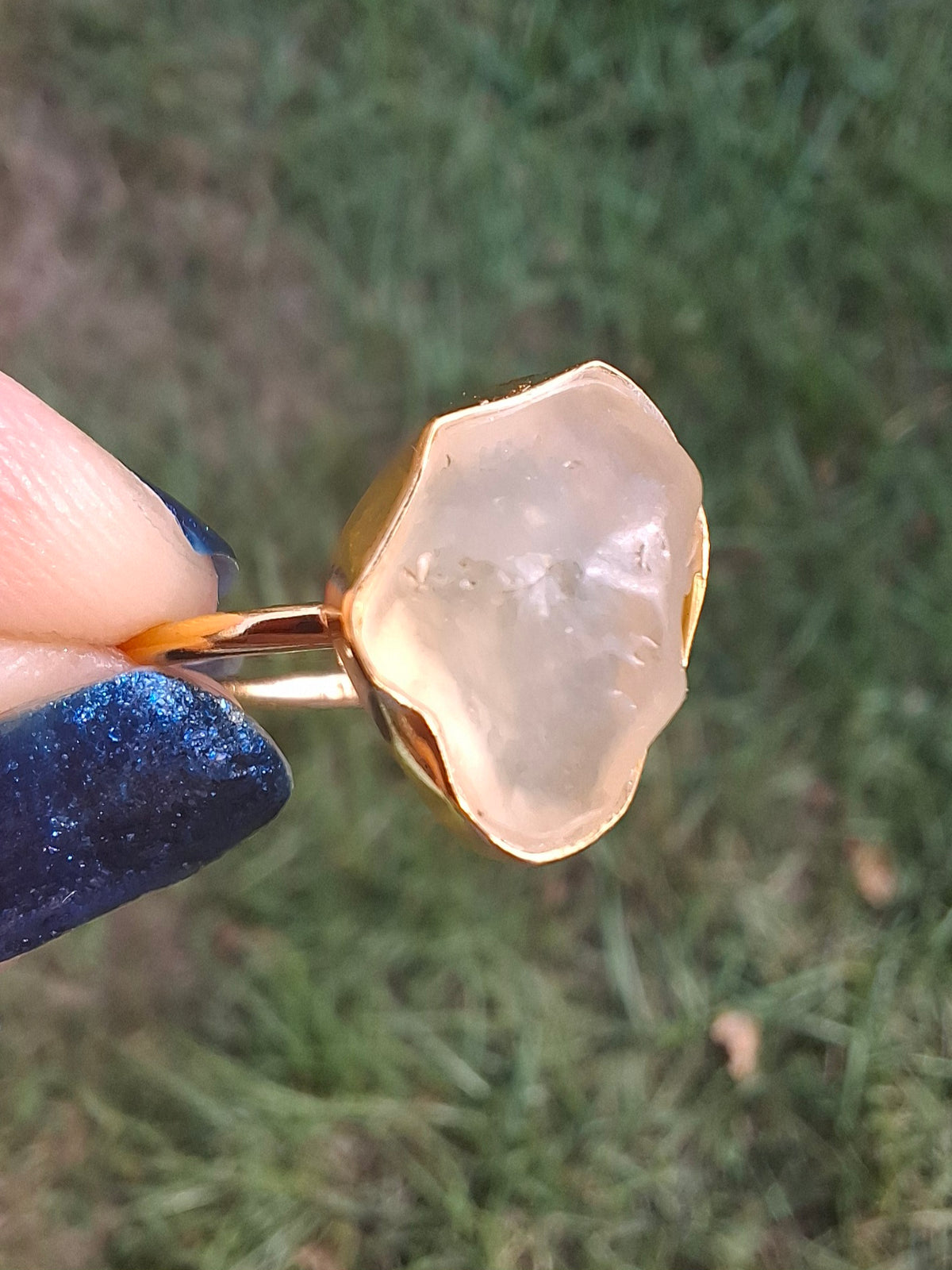Libyan Desert Glass Ring, 14K GOLD Plated, size large P/small Q, Tektite (Ref: LR73)