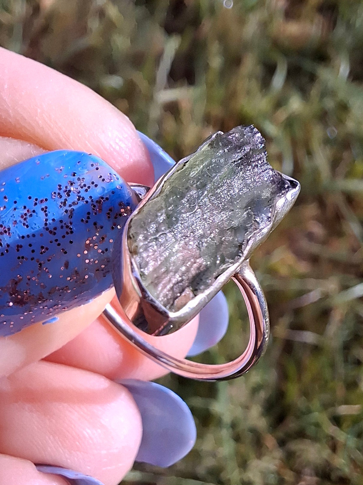 Moldavite Ring, size K, 925 Silver, Tektite (Ref: R21)