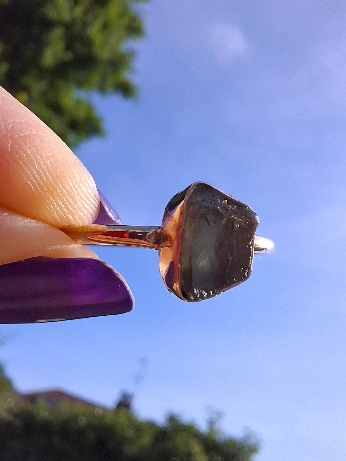 Moldavite Ring, size small W, 925 Silver, Tektite (Ref: R59)