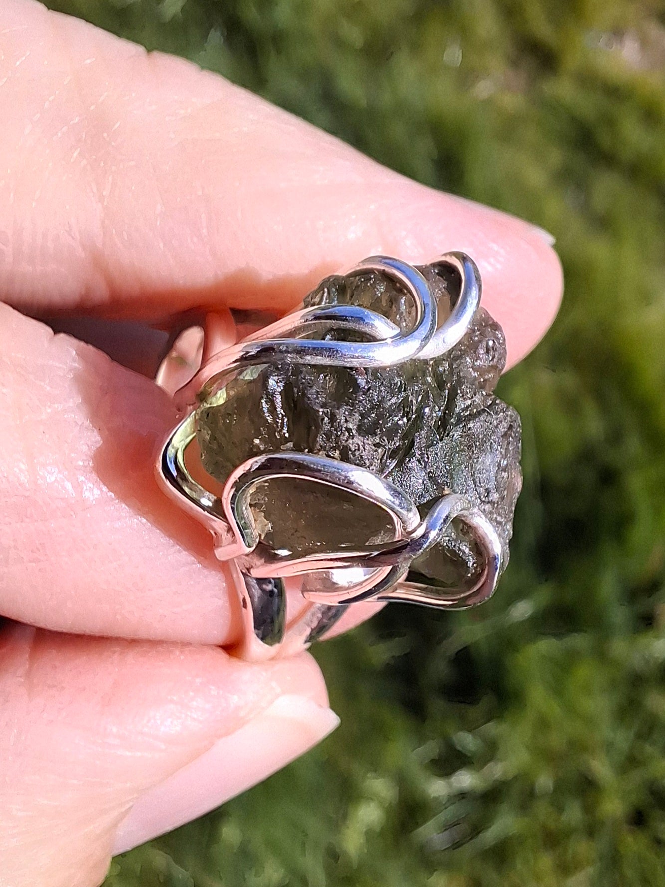 Moldavite Ring, size large L/small M, 925 Silver, Tektite (Ref: R4)