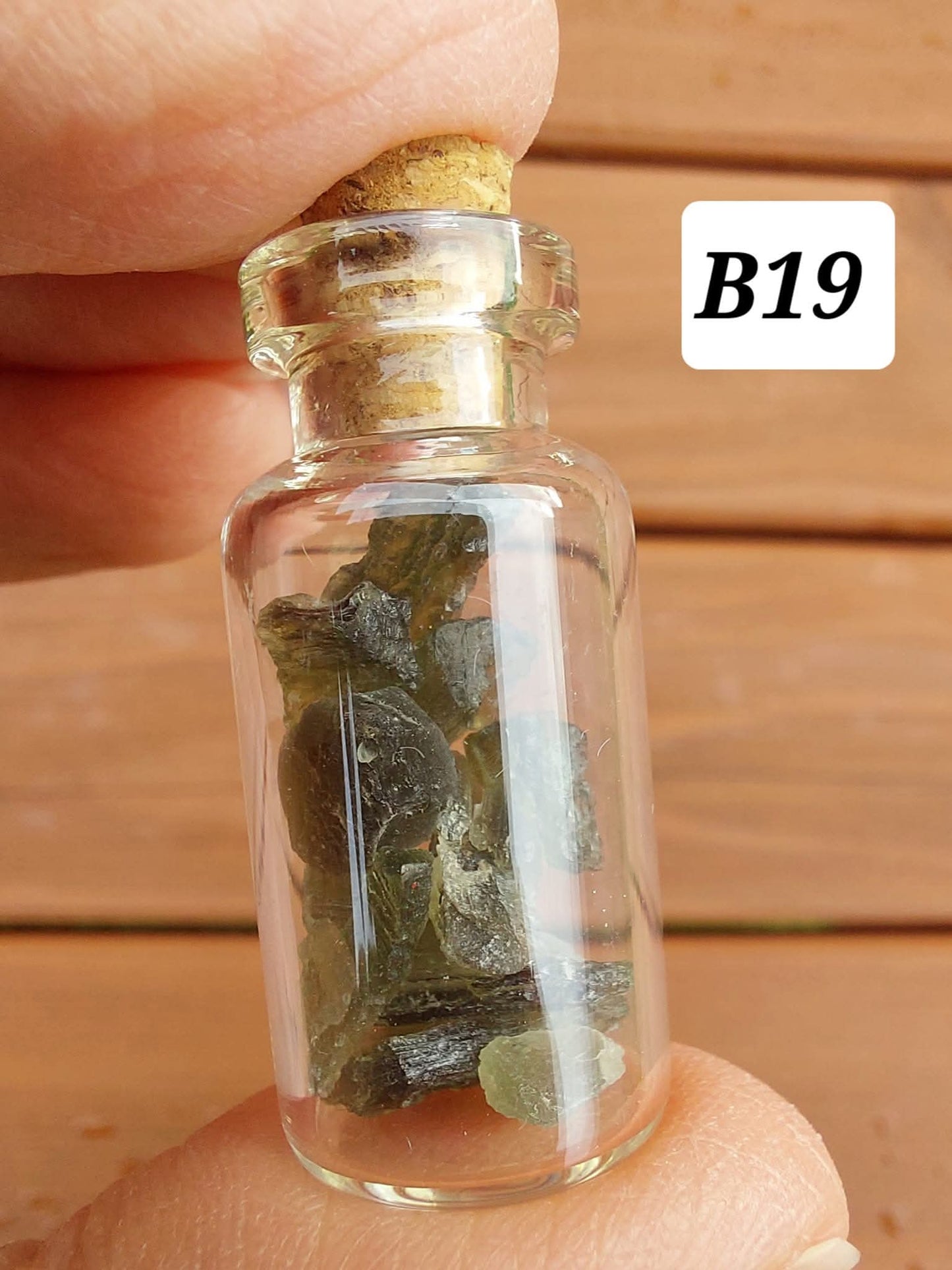 Moldavite chips (2.50g) in 3ml glass Bottle, Tektite (Ref: B19)