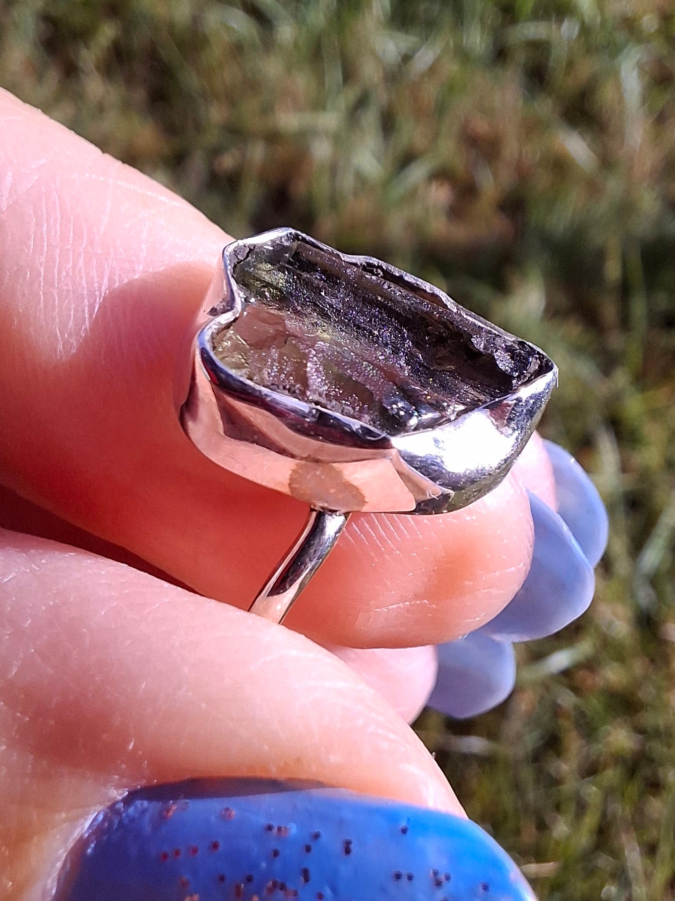 Moldavite Ring, size large N, 925 Silver, Tektite (Ref: R25)