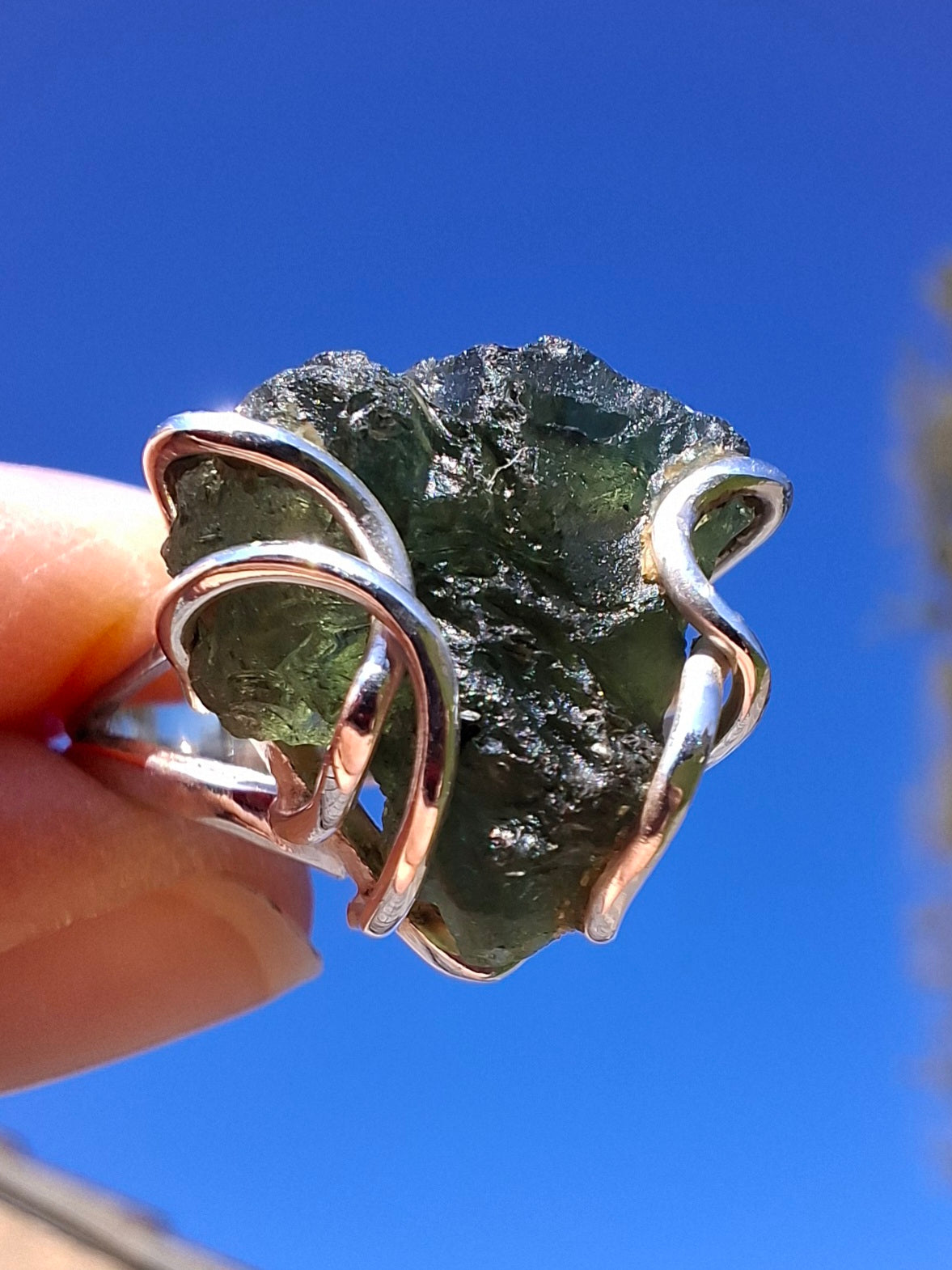 Moldavite Ring, size large L/small M, 925 Silver, Tektite (Ref: R4)
