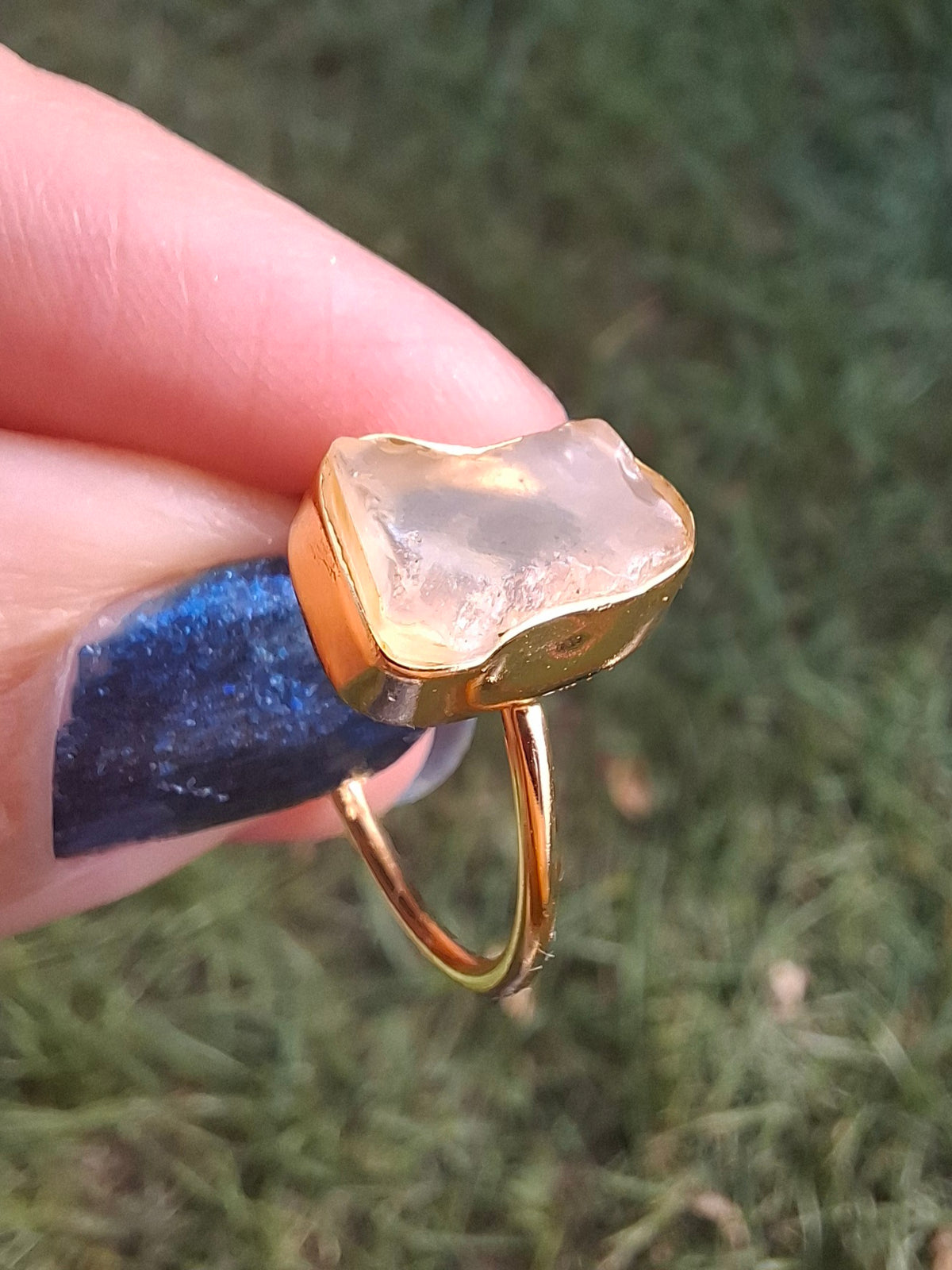 Libyan Desert Glass Ring, 14K GOLD Plated, size O, Tektite (Ref: LR65)