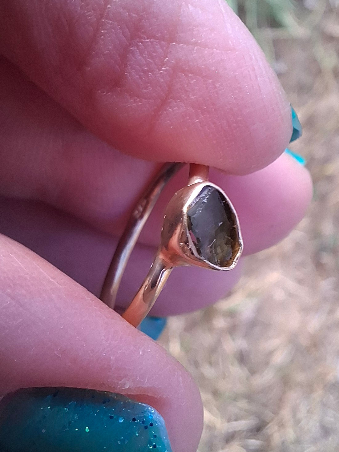 Moldavite Ring, 14K GOLD Plated, size large G / small H, Tektite (Ref: R334)