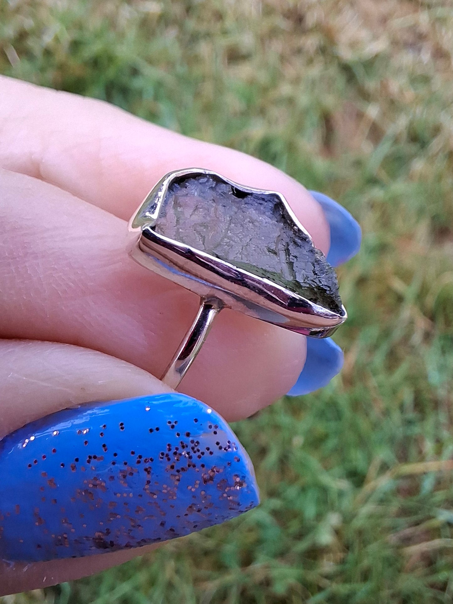 Moldavite Ring, size large M, 925 Silver, Tektite (Ref: R24)