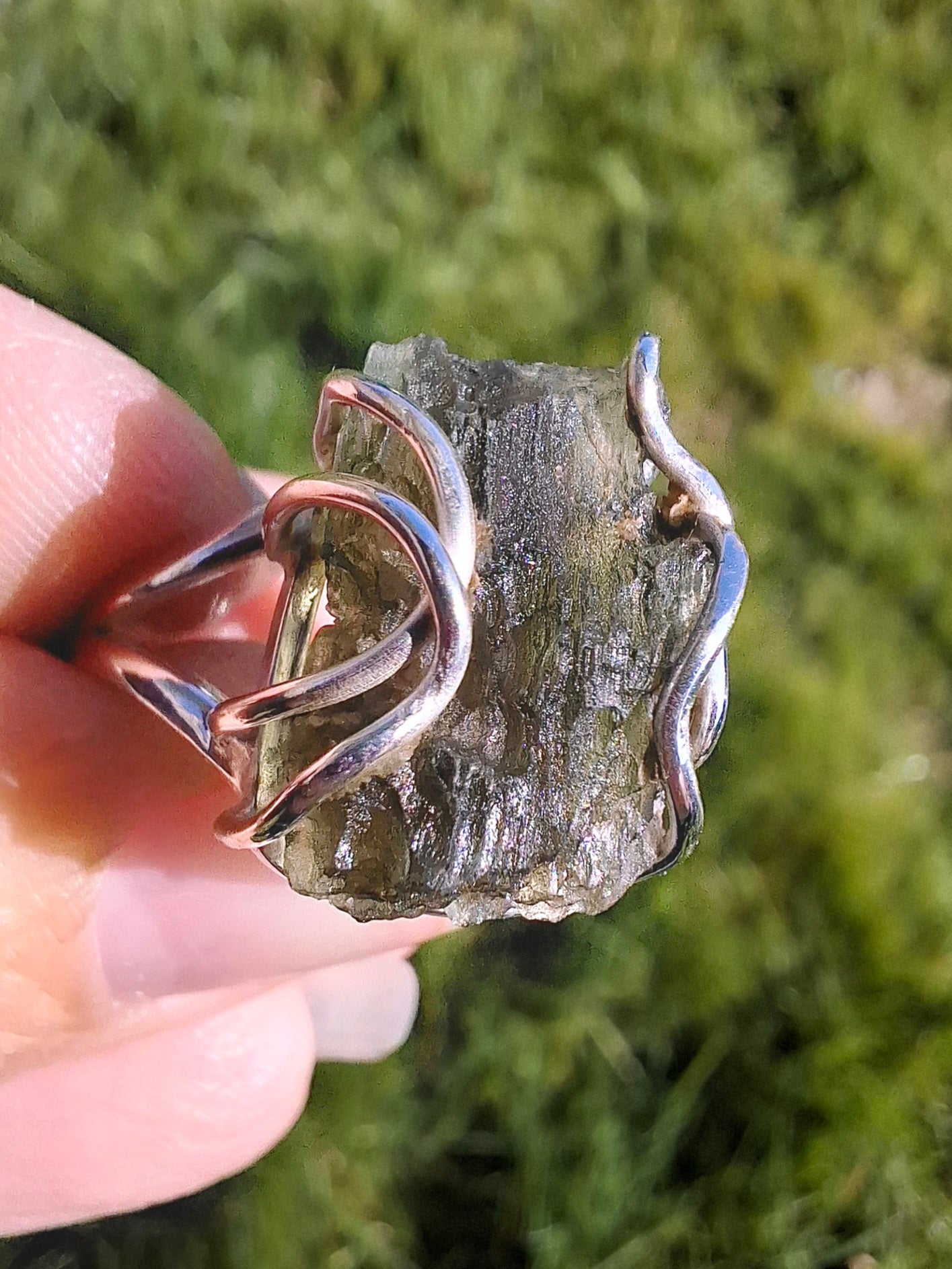 Moldavite Ring, size Q, 925 Silver, Tektite (Ref: R10)