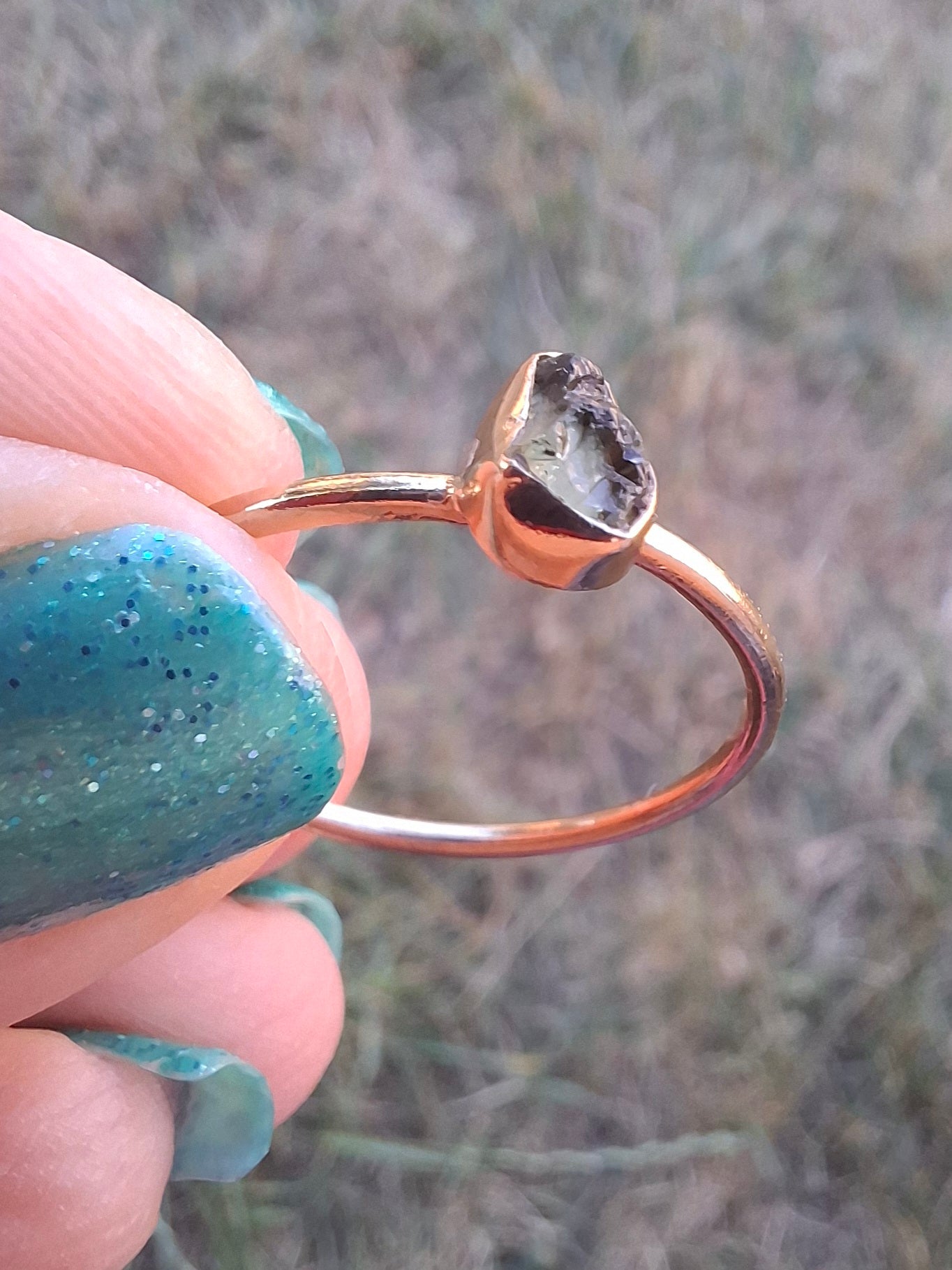 Moldavite Ring, 14K GOLD Plated, size large T, Tektite (Ref: R350)