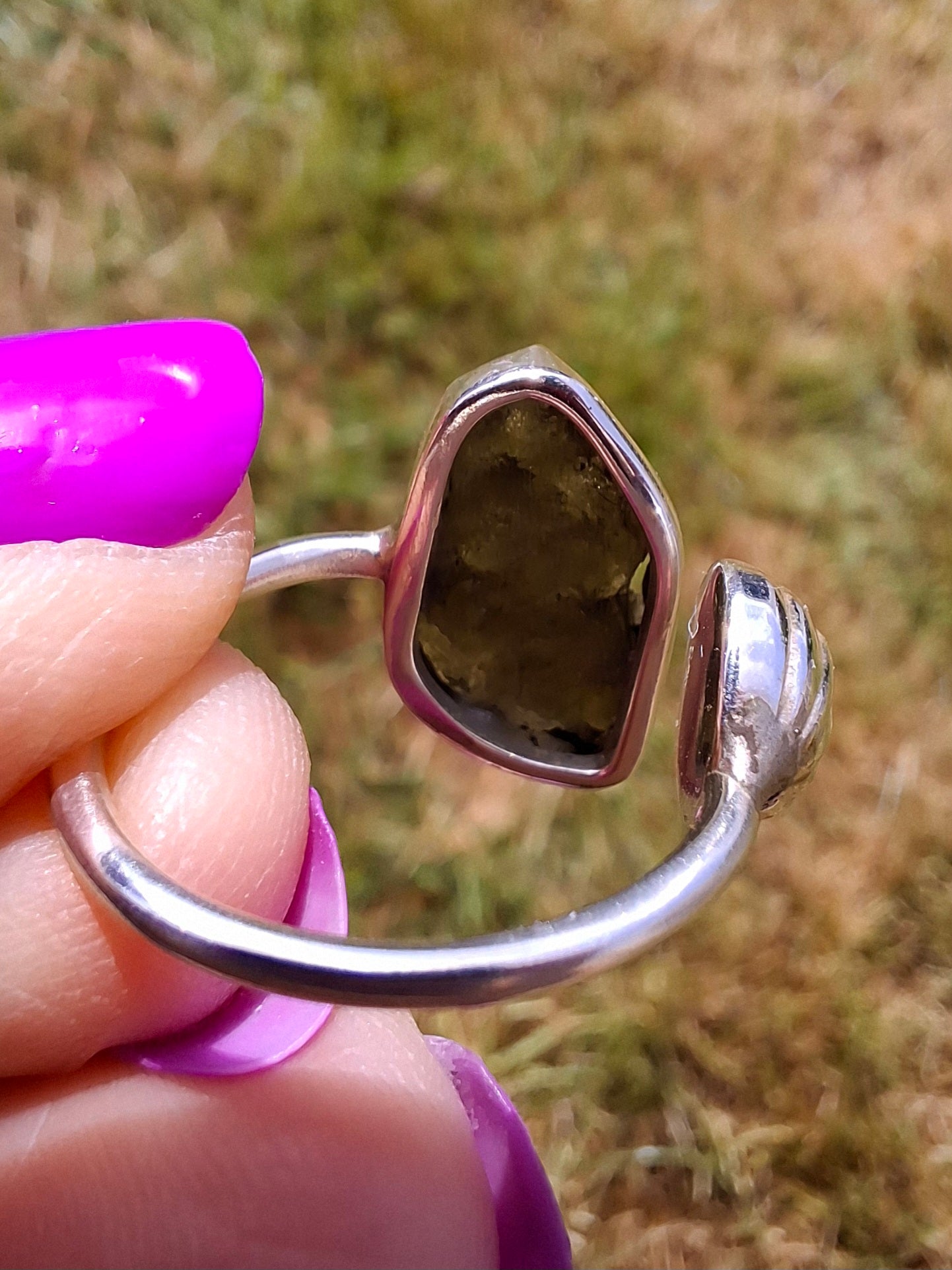 Moldavite ADJUSTABLE Ring, size large O, 925 Silver, Tektite (Ref: AR44)