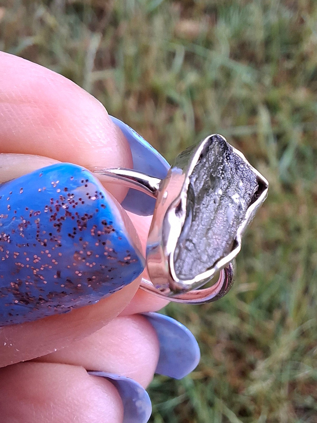 Moldavite Ring, size Large G, 925 Silver, Tektite (Ref: R18)