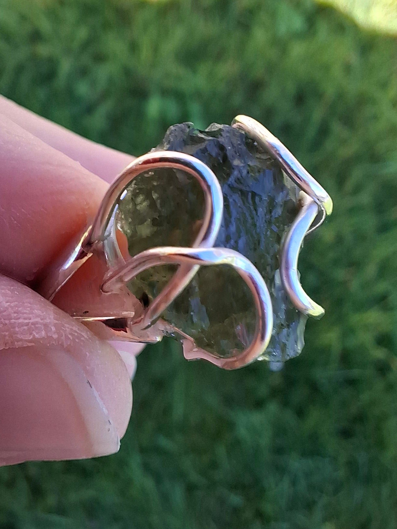 Moldavite Ring, size O, 925 Silver, Tektite (Ref: R7)