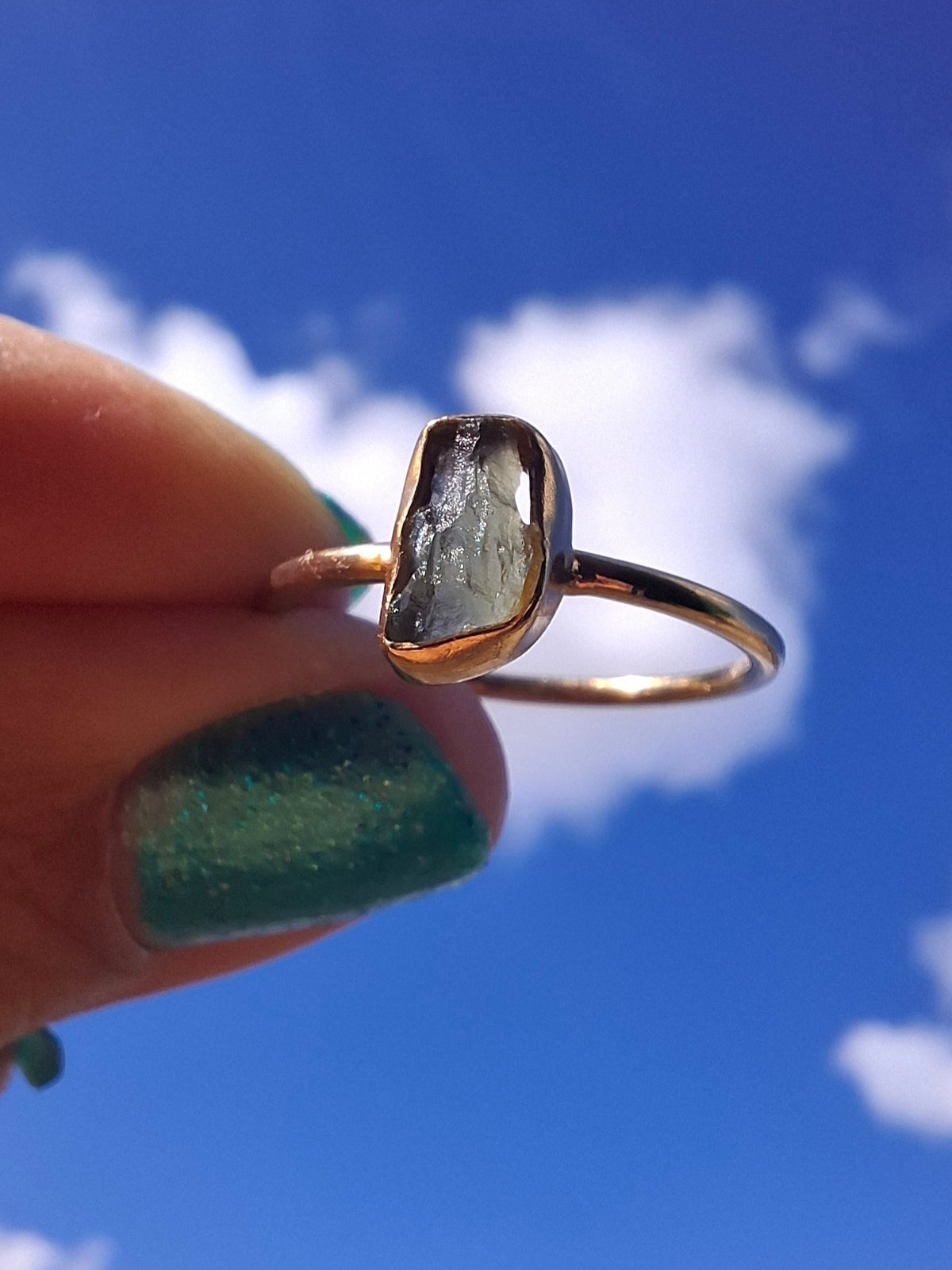 Moldavite Ring, 14K GOLD Plated, size large M, Tektite (Ref: R341)