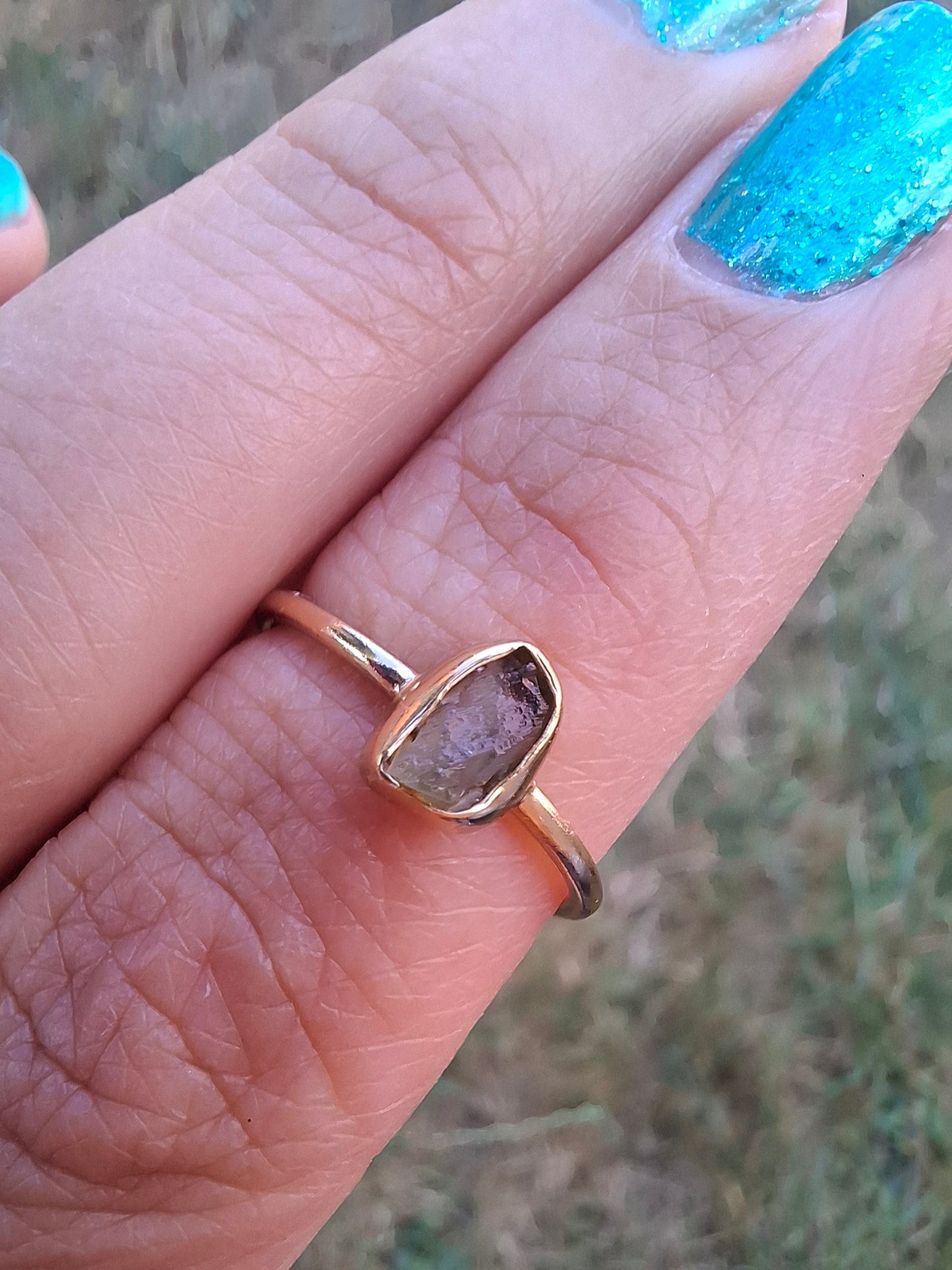 Moldavite Ring, 14K GOLD Plated, size small L, Tektite (Ref: R342)