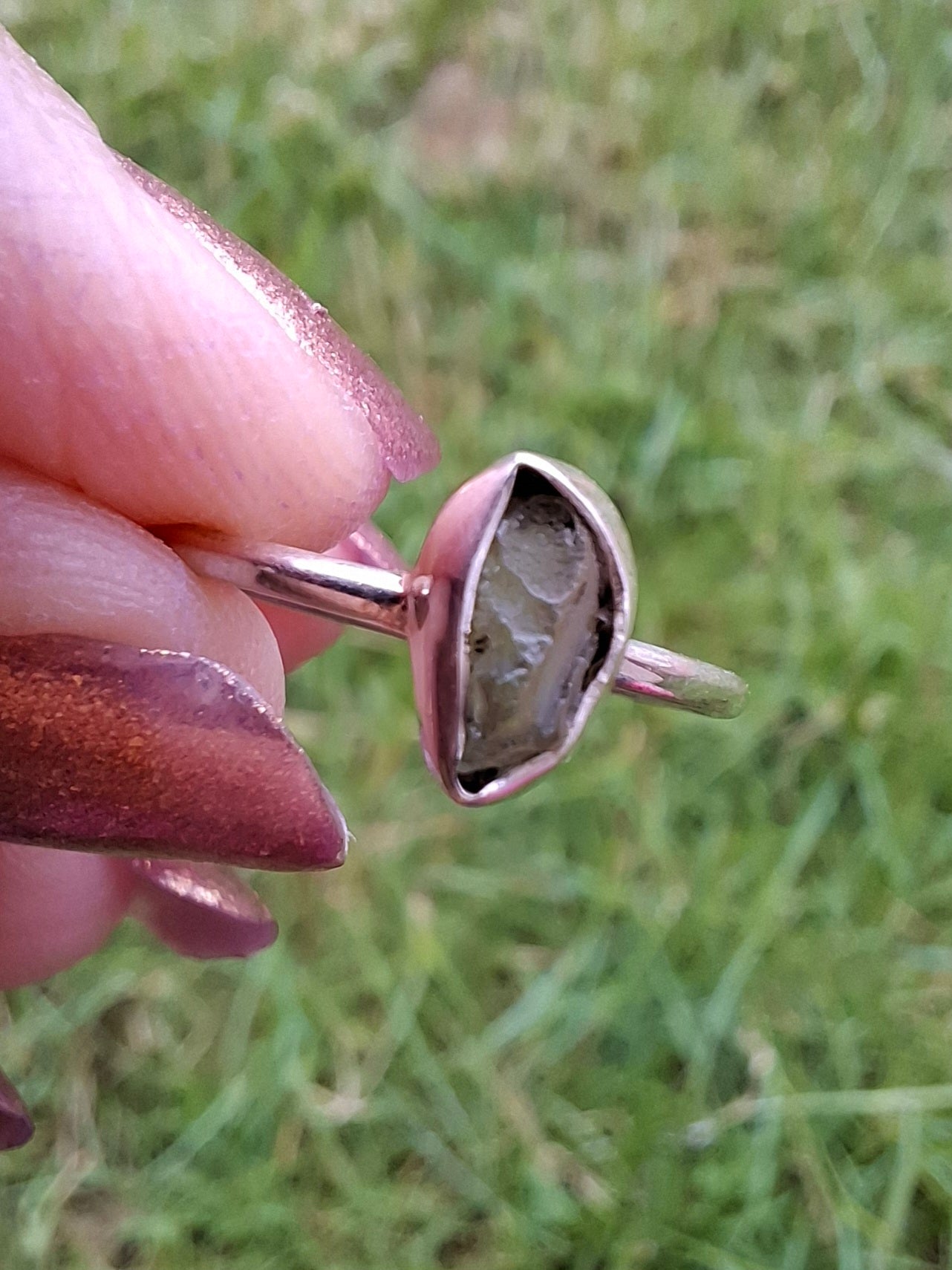 Moldavite Ring, size small L, 925 Silver, Tektite (Ref: R35)