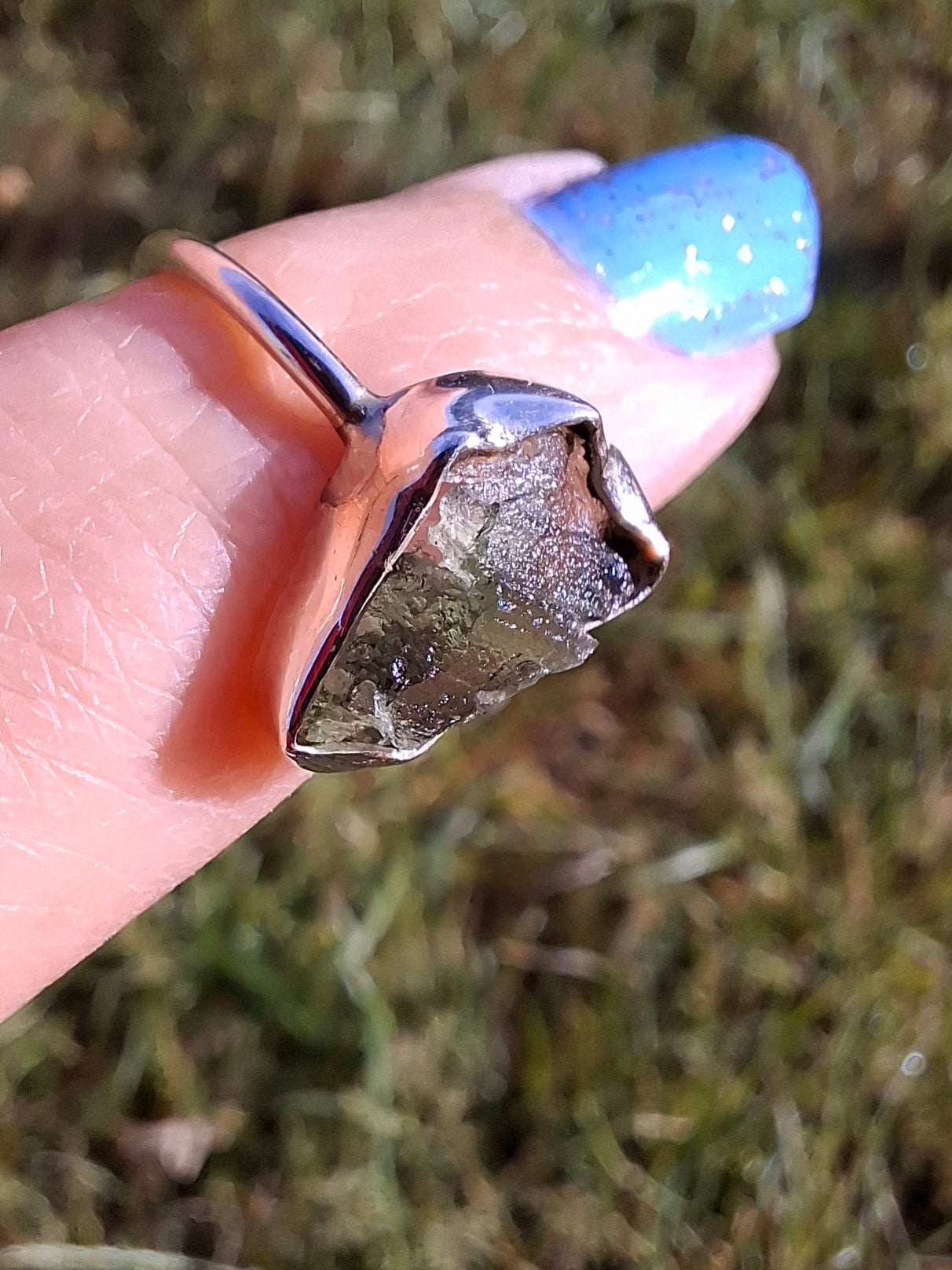 Moldavite Ring, size large G/small H, 925 Silver, Tektite (Ref: R19)