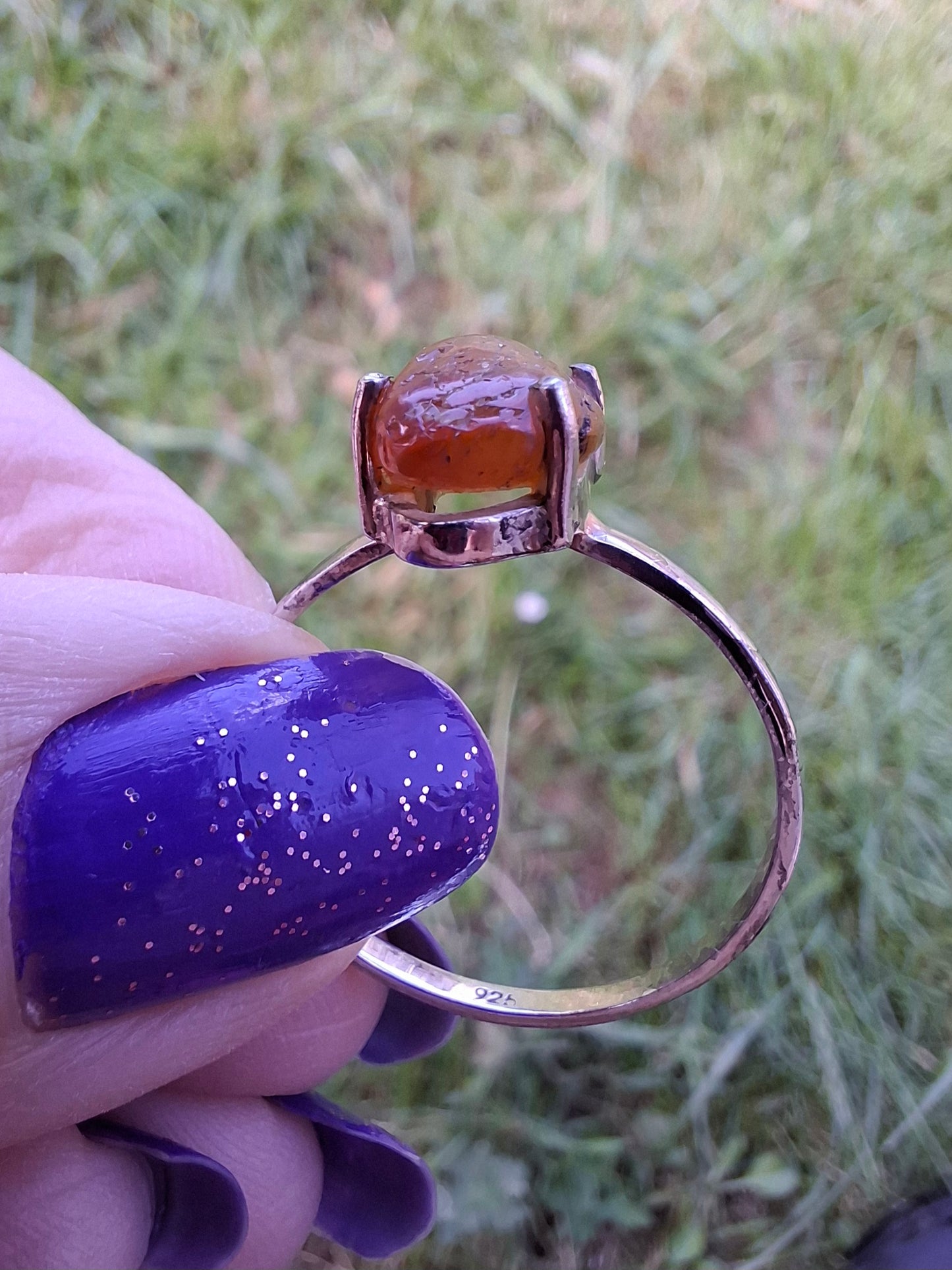 Baltic Amber Ring, size large W, 925 Silver, Fossil (Ref: AR28)