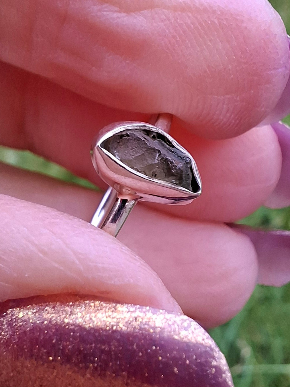 Moldavite Ring, size small L, 925 Silver, Tektite (Ref: R35)