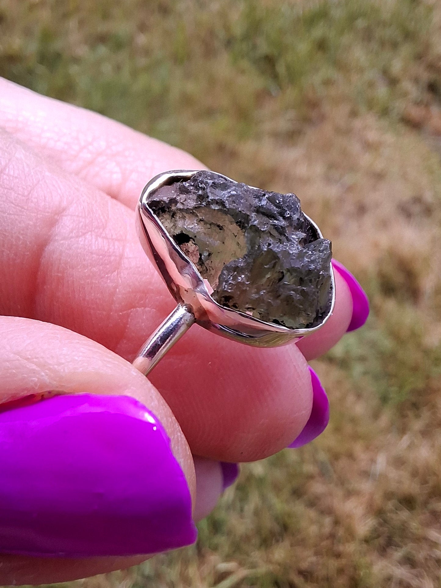 Moldavite ADJUSTABLE Ring, size large R, 925 Silver, Tektite (Ref: AR49)