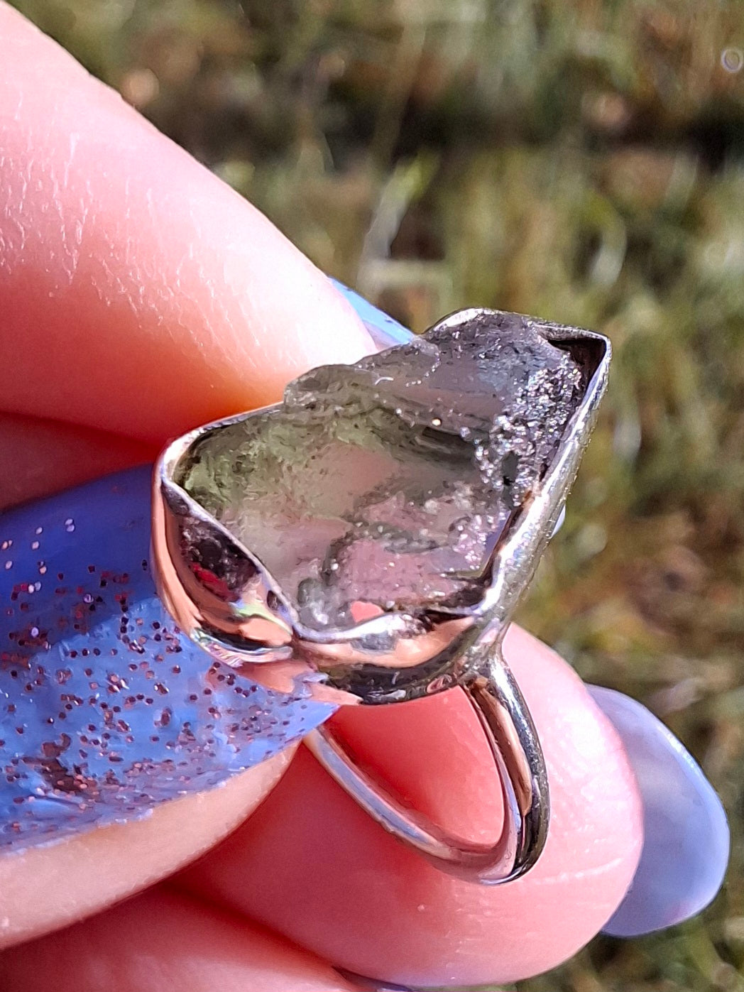 Moldavite Ring, size large G/small H, 925 Silver, Tektite (Ref: R19)