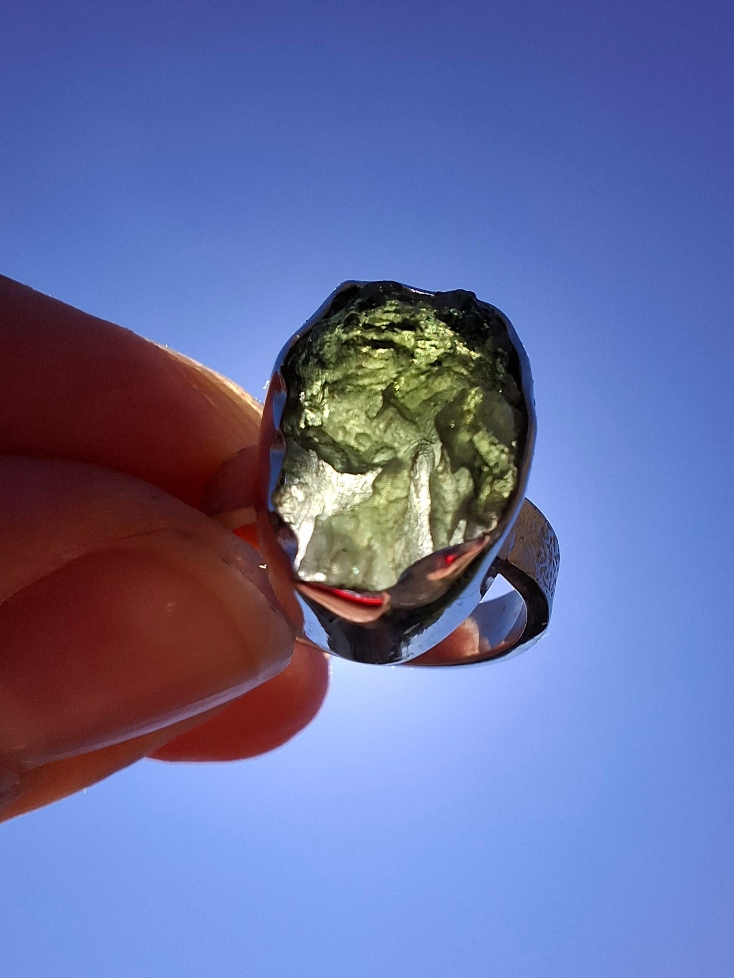 Moldavite Ring, size H, 925 Silver, Tektite (Ref: R294)
