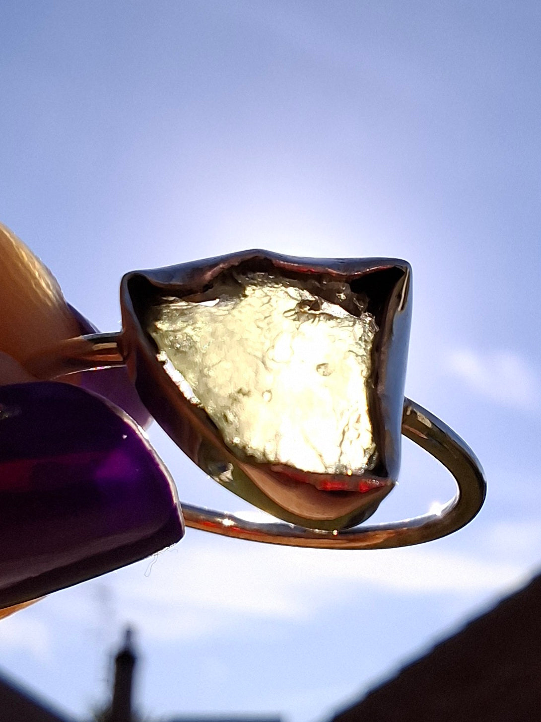 Moldavite Ring, size large T, 925 Silver, Tektite (Ref: R28)
