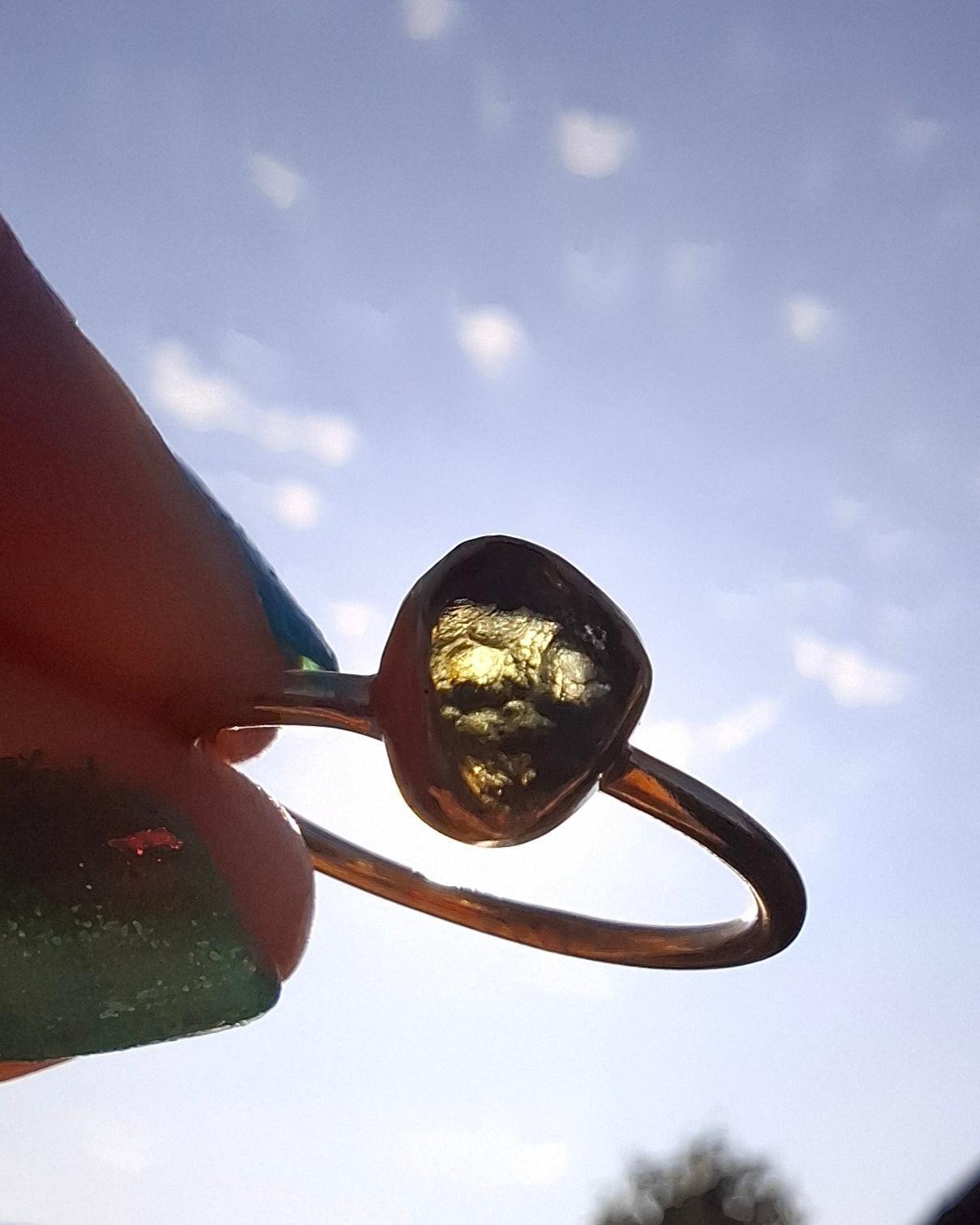 Moldavite Ring, 14K GOLD Plated, size large L, Tektite (Ref: R343)