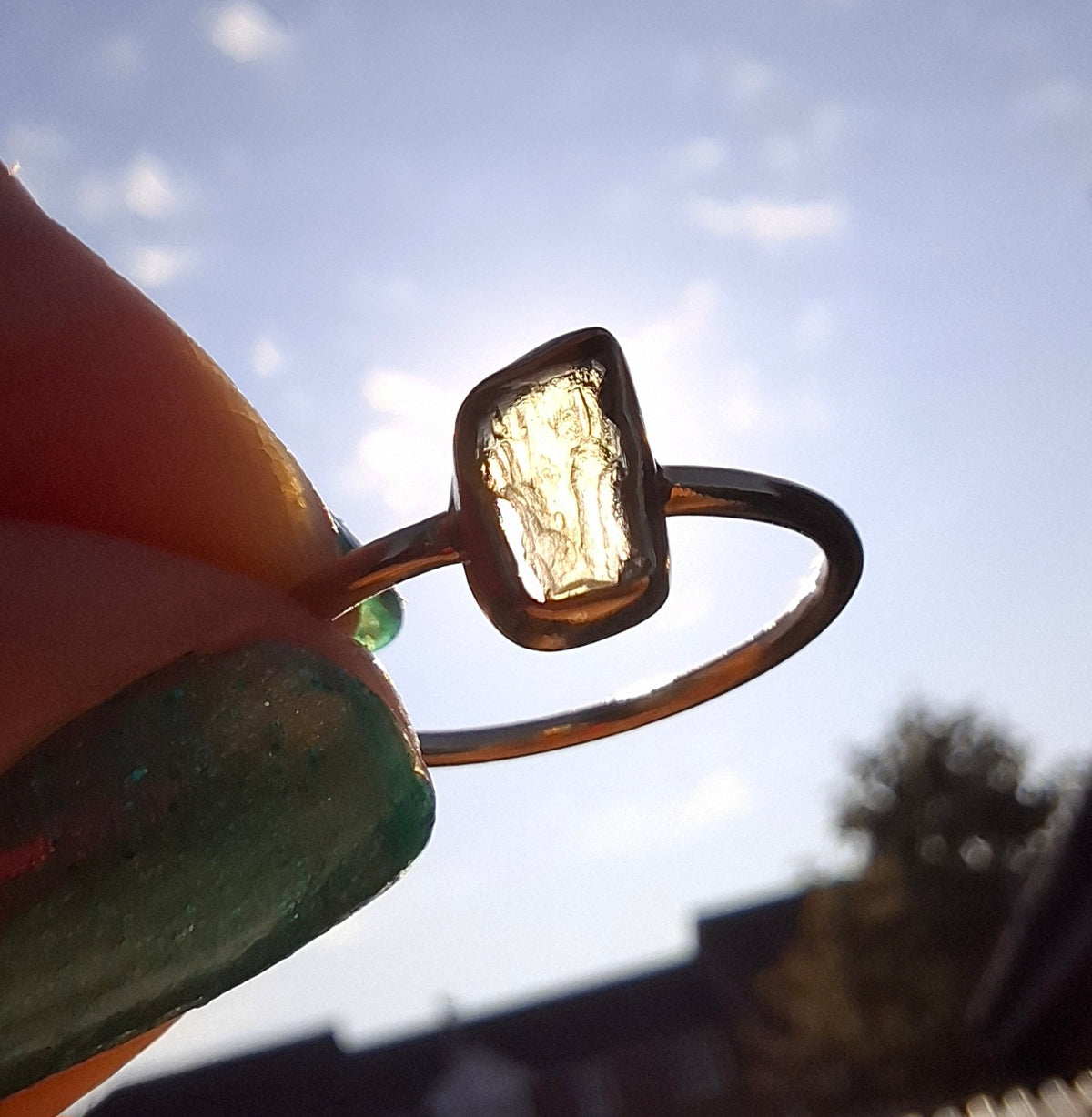 Moldavite Ring, 14K GOLD Plated, size large M, Tektite (Ref: R341)